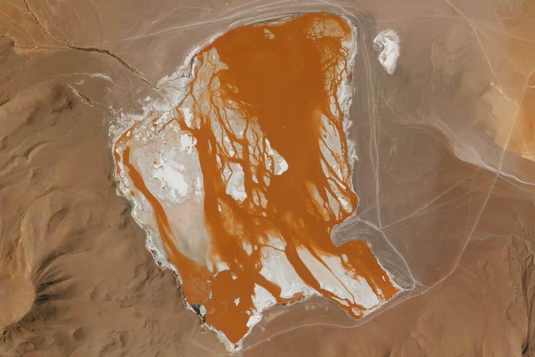 NASAのインスタグラム：「Halloween may be over for us, but not for some of Earth’s water! These eerie images were taken by @Space_Station astronauts. Red-pigmented algae, bacteria, & sediments in the water created this blood-like appearance in the Laguna Colorada.   Image description: Astronaut photograph of the Laguna Colorada in Bolivia. The water is bright orange and forms streaks. The lakebed appears white and light tan due to salt. The surrounding landscape is a brown desert.」