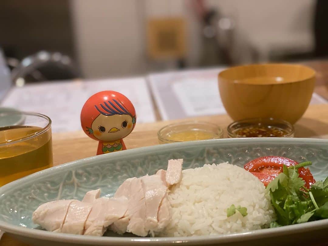 川村エミコのインスタグラム：「タイ料理いただきました。 美味しいねぇ。 こけしちゃんと一緒🩷  #カオマンガイ #美味しくて止まらない #あまびえこけし #今日も一緒　 #2枚目 #ちょっとクリスマス🎄  タイ🇹🇭行きたいなぁ。🐘」