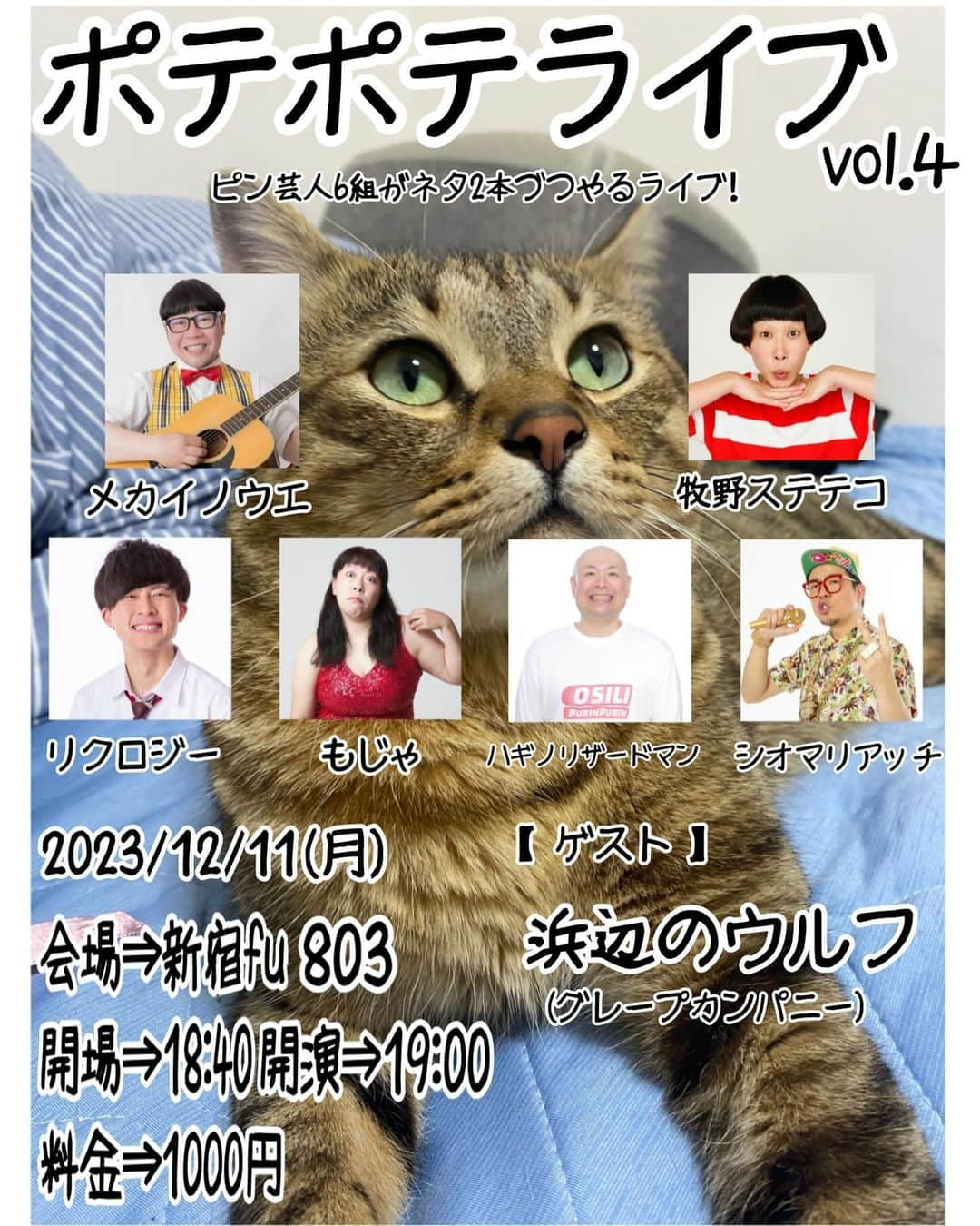 シオマリアッチのインスタグラム：「来月のポテポテライブは12/11(月)🐈  ゲストはグレープカンパニーから浜辺のウルフさんが来てくれますっ🐺✨✨  今回は会場が8階の左側の部屋の803になります👈🏻👀  ぜひお越しオーーン!😎🙌🏻🎵  #ポテポテライブ #牧野ステテコ #メカイノウエ #もじゃ #リクロジー #ハギノリザードマン #シオマリアッチ #浜辺のウルフ」