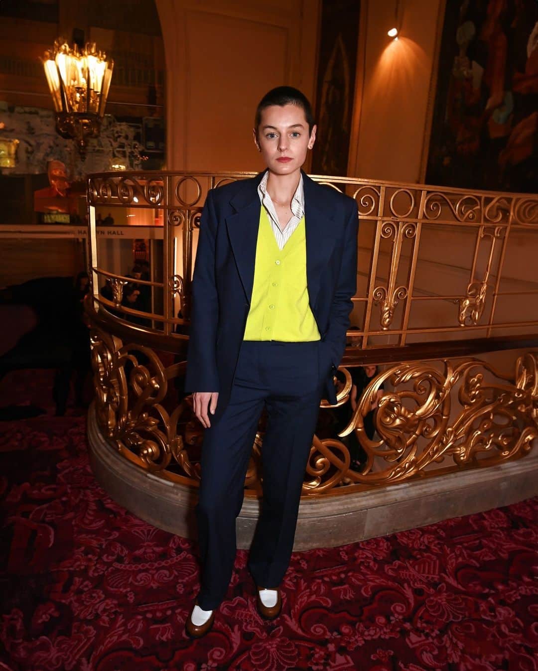 のインスタグラム：「@EmmaLouiseCorrin wore a Miu Miu cool wool ensemble in navy color made with jacket and pants with contrasting vest while attending the GQ Men of the Year Awards in association with Boss at the Royal Opera House on November 15th, 2023, in London, England.  #MiuMiuClub」