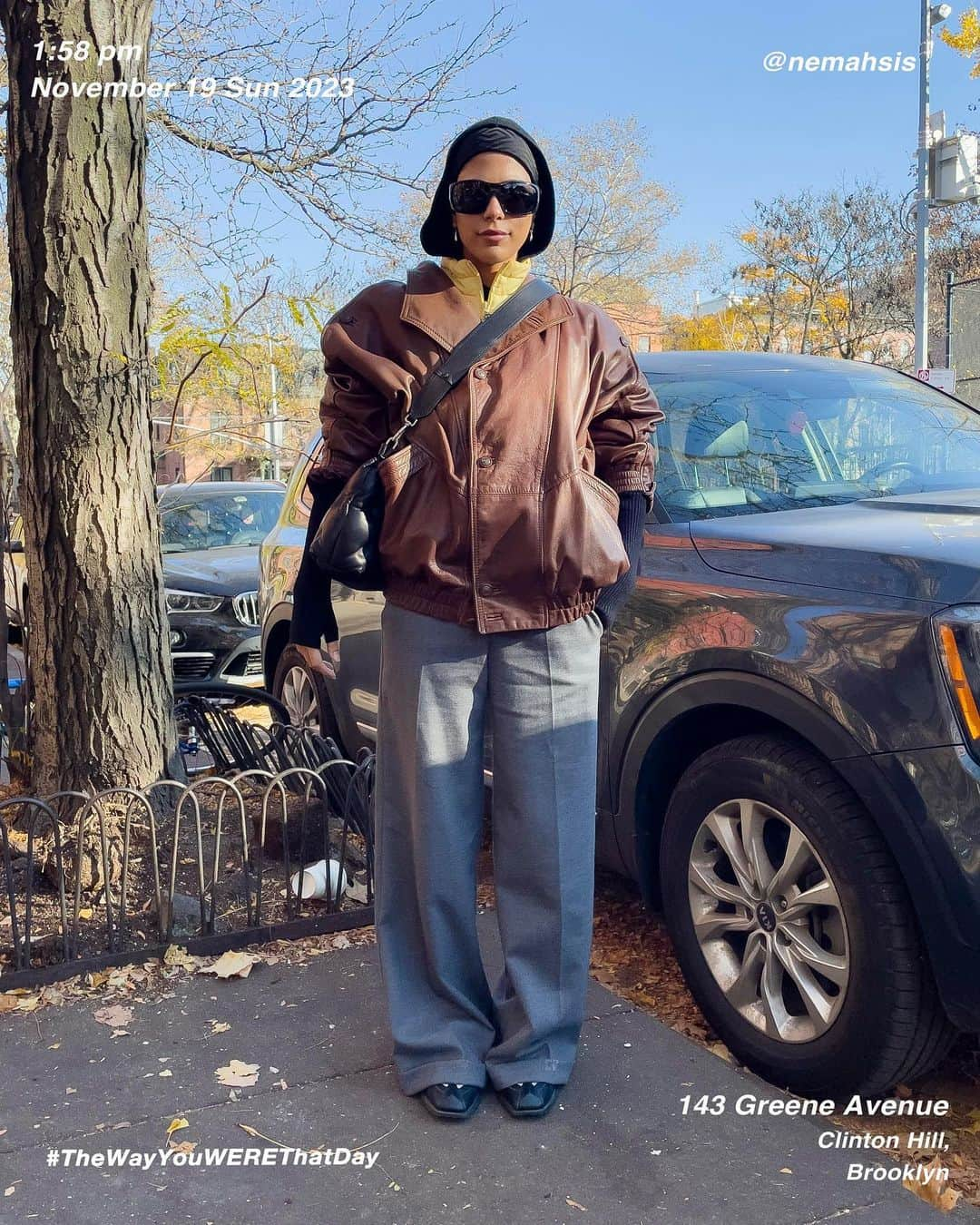 筒井心一のインスタグラム：「nema @nemahsis on 143 #GreeneAvenue at 1:58 pm, November 19 Sunday 2023, #ClintonHill #Brooklyn #NewYork  #OutfitOfTheDay = #TheWayYouWEREThatDay  #TWYWTD #ShinichiTsutsui」