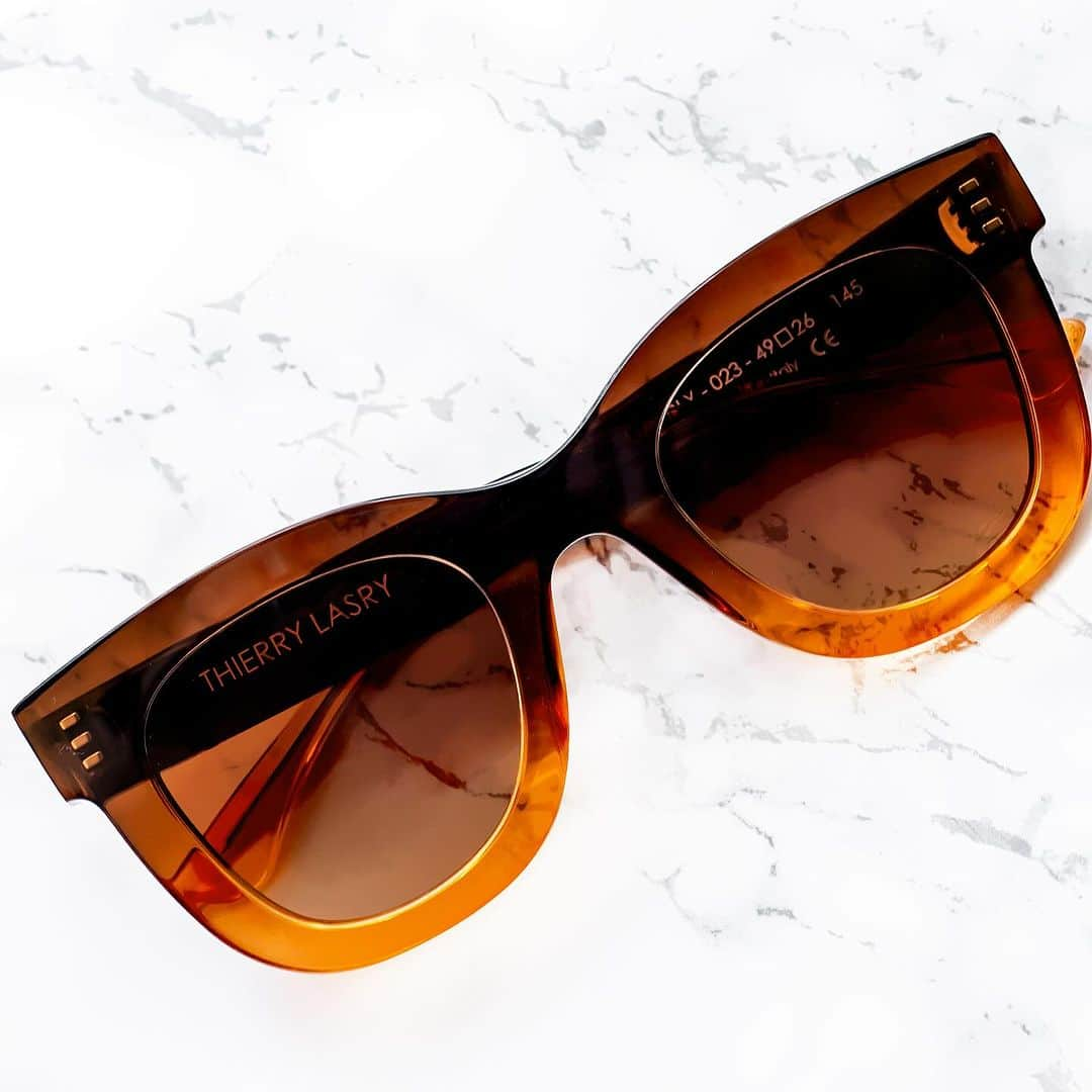 ティエリー ラスリーのインスタグラム：「the THIERRY LASRY “GAMBLY” sunglasses in translucent gradient brown/ orange acetate w/ gradient brown lenses #thierrylasry #handmadeinitaly」