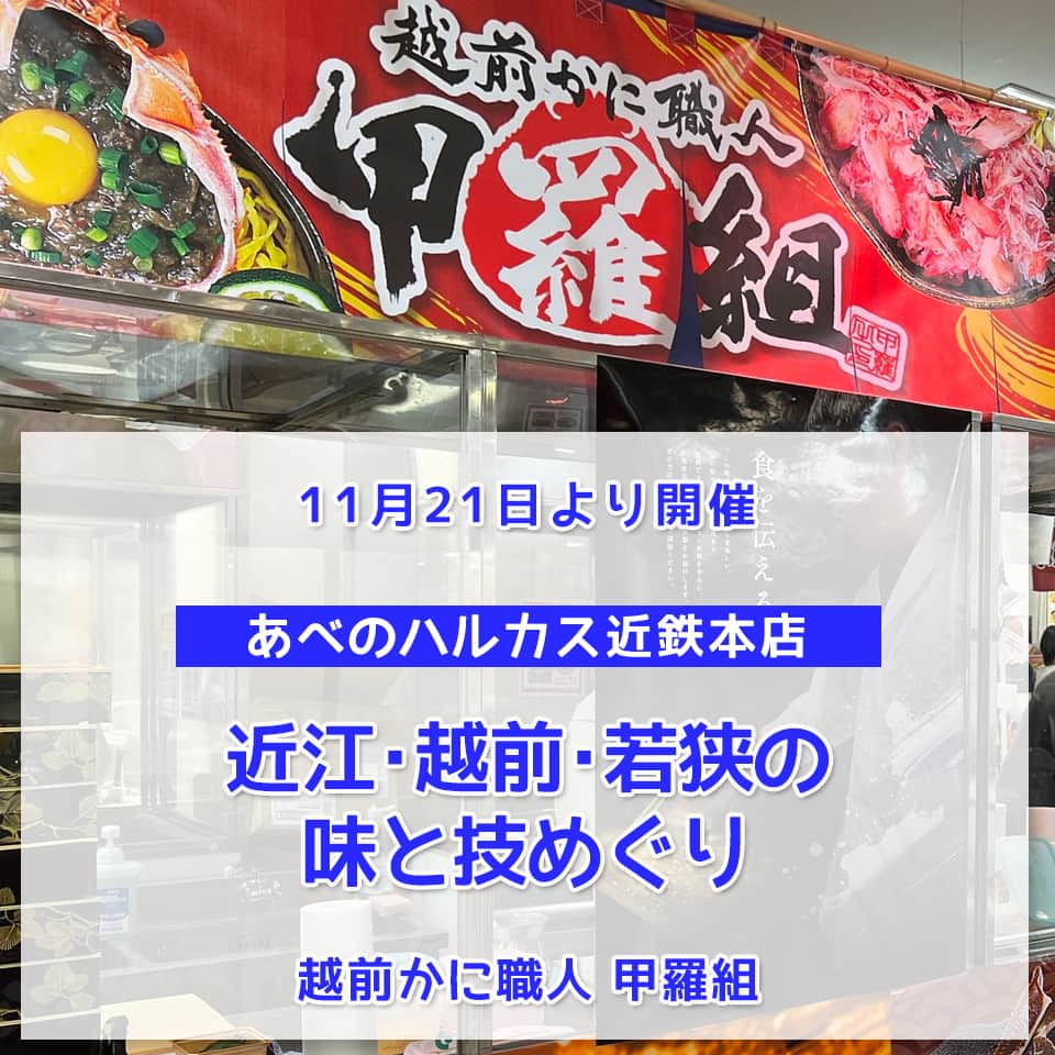 越前かに職人　甲羅組のインスタグラム：「明日より、大阪府の #あべのハルカス近鉄本店 さまにて #近江越前若狭の味と技めぐり を開催です✨  🦀越前がに 🦀せいこがに  数量限定ですが、店頭に並ぶ予定です。  みなさまのご来場お待ちしております🦀  【日程】2023年11月22日(水)〜11月28日(火)　 ※最終日は15:00まで  【会場】あべのハルカス近鉄本店 ウイング館９階催会場  ※写真は以前の催事のものです  #甲羅組 #福井県敦賀市 #福井県 #敦賀市 #あべのハルカス #あべのハルカス近鉄本店 #大阪府大阪市 #大阪府 #お取り寄せグルメ #催事 #カット生ずわい蟹 #あなたの街に甲羅組 #ふるさと納税 #大型むきえび」