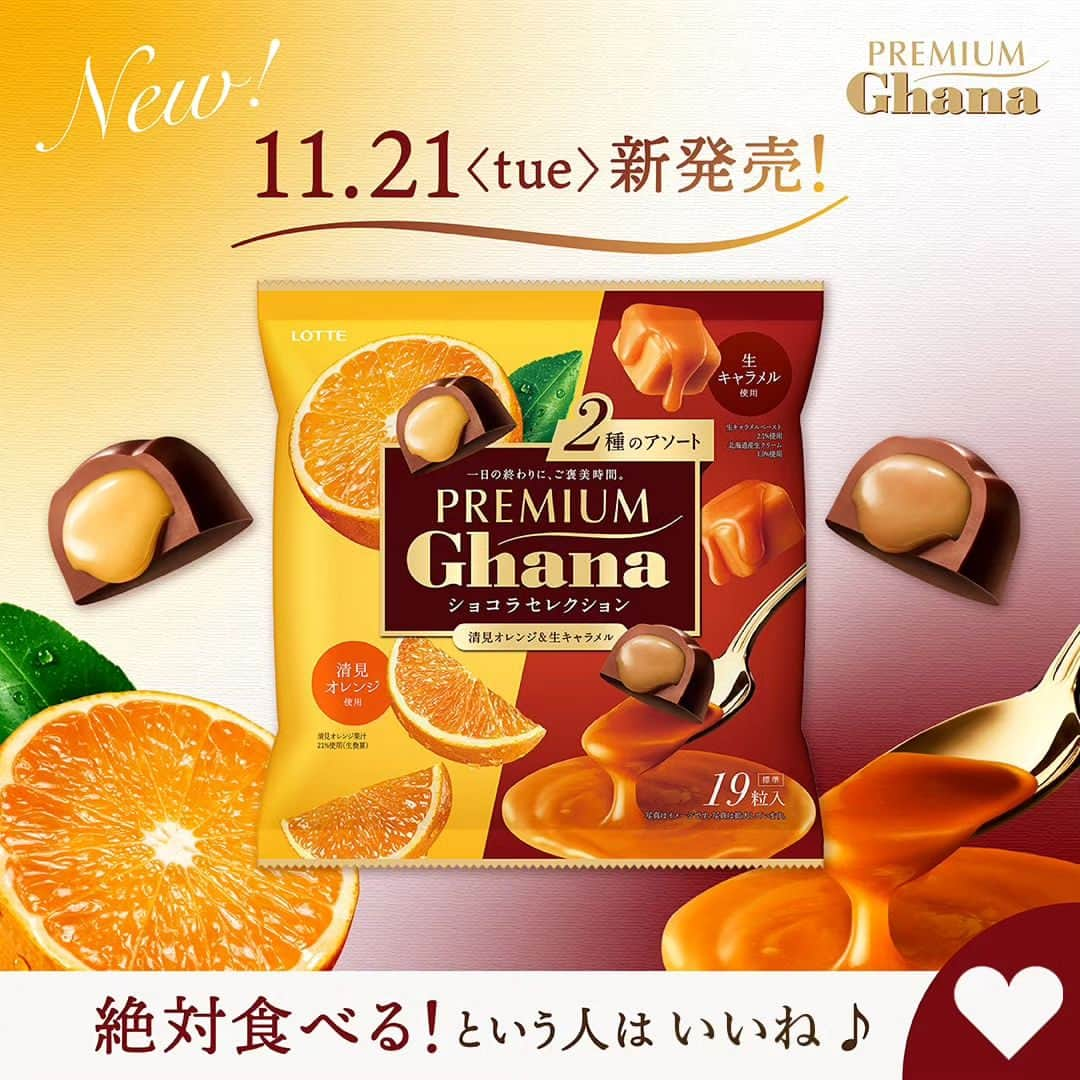 ロッテ ガーナチョコレート【公式】のインスタグラム：「絶対食べる！という人はいいね❤️  ／ 本日11/21（火）新発売！🍫✨ #プレミアムガーナ ショコラセレクション ＼  🤎クレームショコラ〈生キャラメル〉 🧡フルーツショコラ〈清見オレンジ〉 2つのフレーバーがセットになって新登場😋  🤎プレミアムガーナ クレームショコラ〈生キャラメル〉  生キャラメルと北海道産生クリームを使用した上質なひと粒ショコラです。 ロッテ独自の製法によって実現した、生キャラメルと生クリーム入りのとろ～りとしたショコラソースを、濃厚なガーナミルクで包み込みました。  🧡プレミアムガーナ フルーツショコラ〈清見オレンジ〉  厳選フルーツを使用した上質なひと粒ショコラです。 ロッテ独自の製法によって実現した、清見オレンジのみずみずしさが溢れ出すとろ～りとしたショコラソースを、濃厚なガーナミルクで包み込みました。  みなさんはどっちのフレーバーが気になる？？  #ガーナ #ガーナ新商品 #ロッテ #チョコレート #チョコレート中毒 #チョコレート好き #甘党さんと繋がりたい #チョコレート菓子 #ご褒美チョコ #ご褒美スイーツ #新商品 #新商品情報 #新商品お菓子 #コンビニスイーツ #コンビニお菓子 #プレミアムガーナクレームショコラ生キャラメル #プレミアムガーナフルーツショコラ清見オレンジ #生キャラメル #清見オレンジ #lotte #ghana #ghanachocolate」