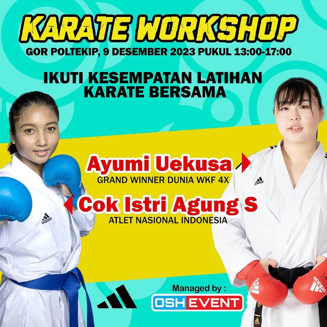 植草歩のインスタグラム：「Epic Collaboration of the year. 4x World Grand Winner Ayumi Uekusa from Japan will collaborate with World Class Athlete from Indonesia, Cok Istri Agung (Coki) for Karate Workshop in GOR POLTEKIP (POLTEKIP Sport Hall) Tanggerang on Saturday, December 9th 13:00 -17:00.  Register NOW!! And get 20% Discount of ADIDAS Karate Products Slot are limited!! REGISTRATION:  www.osh-event.com/ayumi WA: +62821 8846 8846  #karate #ayumiuekusa #wkf #worldkaratefederation」