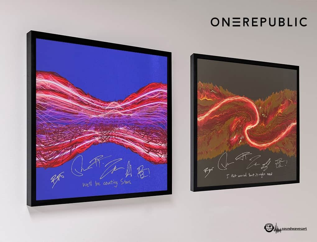 OneRepublicのインスタグラム：「Earlier this year we worked with @soundwaves_art and artist Tim Wakefield to sign these artworks created from the sound waves of “Counting Stars” and "I Ain't Worried". We signed a limited edition of prints and all the profits supported one of our favorite organizations, @childreninconflict. There are a couple prints left in stock, so we’re re-releasing them for the holiday season for one last fundraising boost for the year. Get yours at the link in our bio」