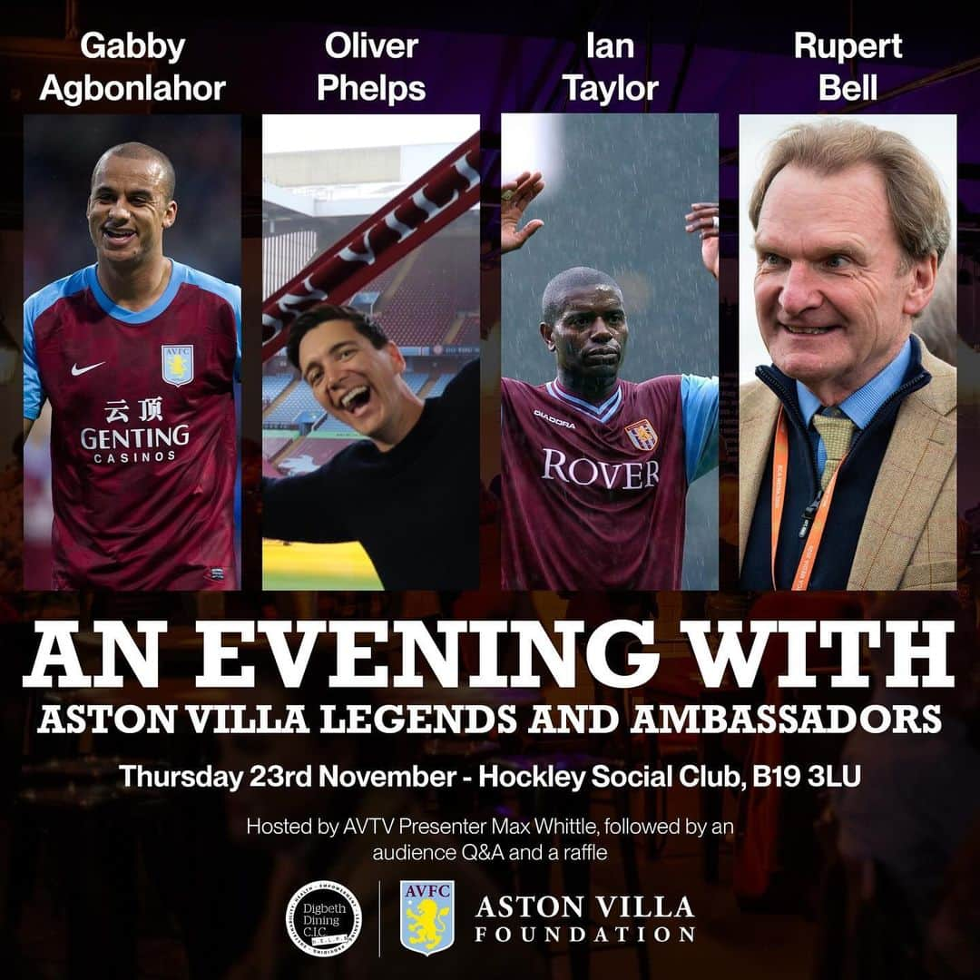 オリバー・フェルプスのインスタグラム：「Just 3 days to go to An Evening With Aston Villa Legends and Ambassadors!   On the night you’ll hear from @oliver_phelps, @ga11official, @iantaylor7 and @bell.rupert, all hosted by @maxwhittle!  100% of profits and proceeds from the evening will be put back into programmes run by ourselves and @digbethdiningclubcic to tackle food poverty in the city. 💜  Tickets at the link in our bio! 🎟️」