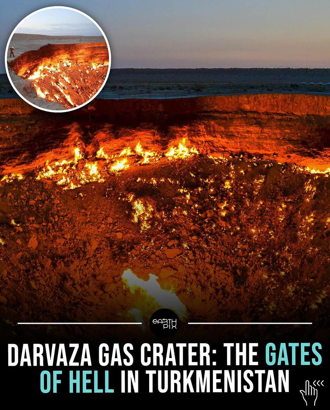 Earth Picsさんのインスタグラム写真 - (Earth PicsInstagram)「"The Gates of Hell." This immense fiery pit, formed in 1971 due to a Soviet drilling accident, spans 230 feet and has burned continuously for over 50 years. Initially set ablaze to prevent environmental hazards, it has since become a notable destination for adventurous travelers.   Despite its scary name, the Gates of Hell attracts visitors seeking the surreal spectacle of eternal flames in the desert. In response to environmental concerns, in January 2022, President Gurbanguly Berdymukhamedov initiated a study on extinguishing the enduring fire🔥🌍  Swipe ⬅️ to take a look!」11月21日 2時20分 - earthpix