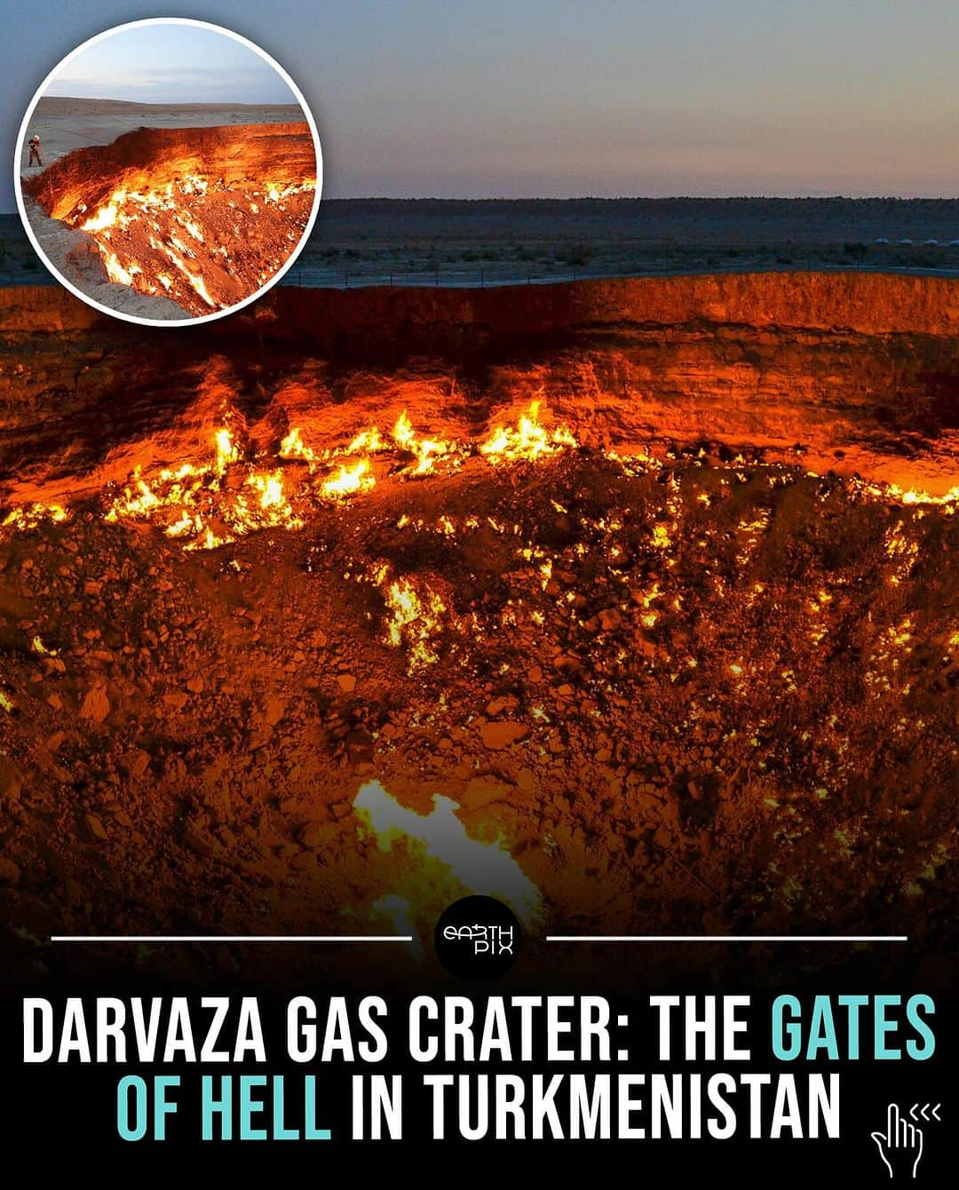 Earth Picsのインスタグラム：「"The Gates of Hell." This immense fiery pit, formed in 1971 due to a Soviet drilling accident, spans 230 feet and has burned continuously for over 50 years. Initially set ablaze to prevent environmental hazards, it has since become a notable destination for adventurous travelers.   Despite its scary name, the Gates of Hell attracts visitors seeking the surreal spectacle of eternal flames in the desert. In response to environmental concerns, in January 2022, President Gurbanguly Berdymukhamedov initiated a study on extinguishing the enduring fire🔥🌍  Swipe ⬅️ to take a look!」