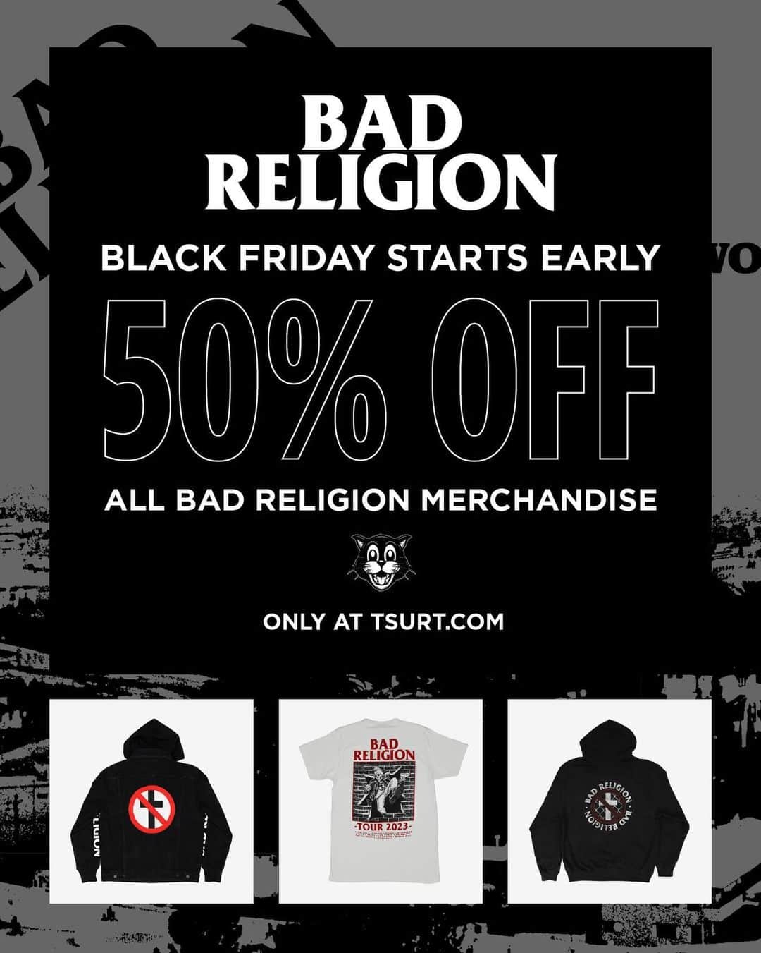 Bad Religionのインスタグラム：「TSURT is having an Early Black Friday Sale! 50% off all Bad Religion merchandise now through November 27th.  tsurt.com - Link in bio」