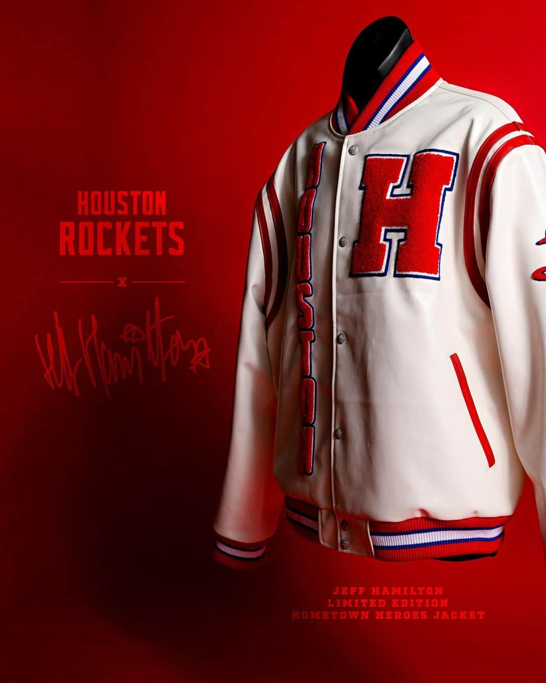 ヒューストン・ロケッツのインスタグラム：「Limited Edition: Unleash your inner Hometown Hero with the Rockets x Jeff Hamilton collaboration jacket.  Exclusively available at the Rockets Shop at Toyota Center this Friday, November 24 at 1pm.」