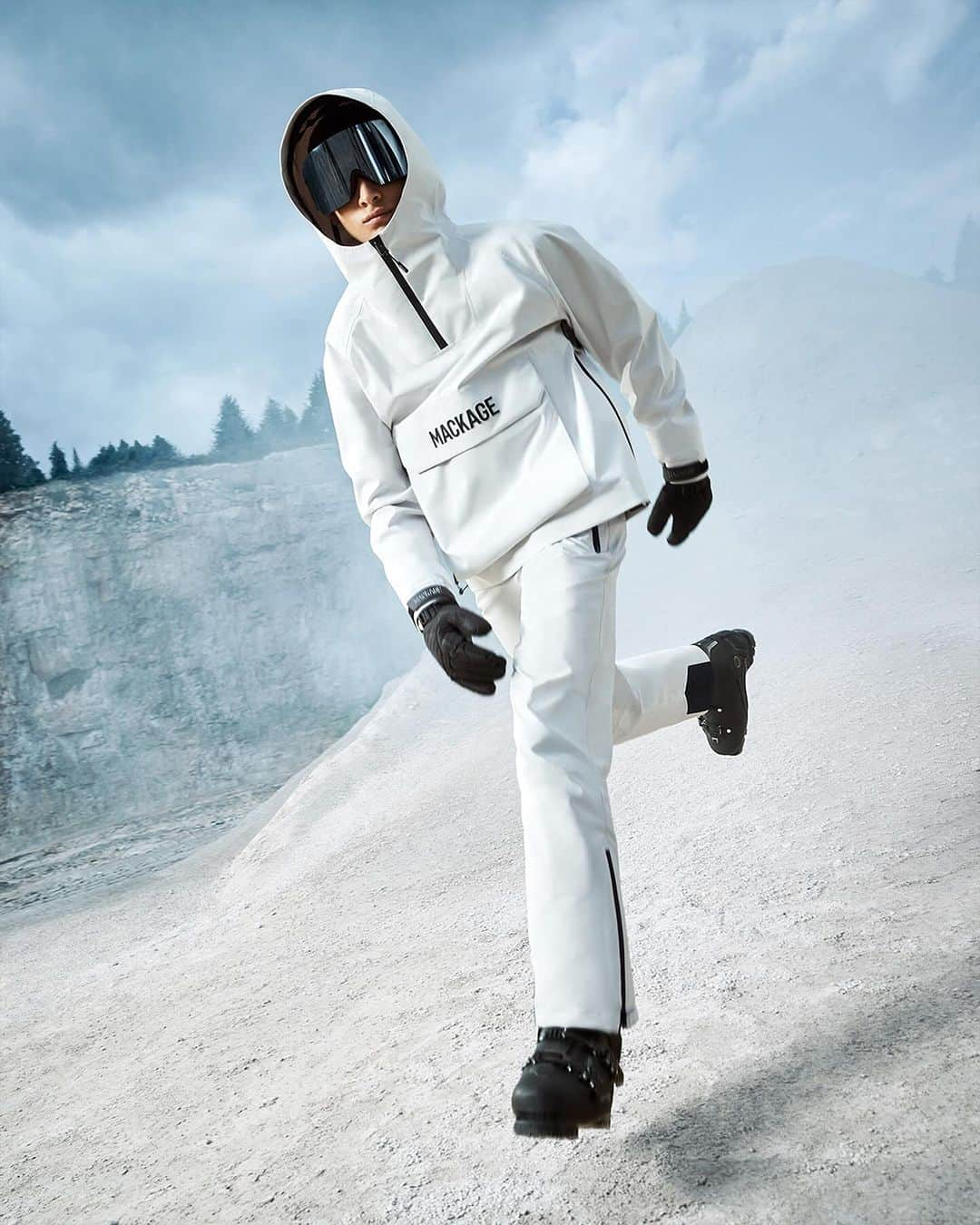 マッカージュのインスタグラム：「SLEEK PERFORMANCE   JONA, an unlined pullover technical jacket with a seam sealed construction and storm visor. Water resistant and repellent, the windproof twill shell is cut from our breathable and air permeable 2-layer fabric. Engineered for adaptability in various conditions, it boasts zip sleeve vents with gussets, adjustable sleeve cuff with Velcro fastening, and storm cuffs. A light weather-resistant shell with stylish modern detailing. Paired with KENYON, a bold ski essential upgraded with innovative alpine technology.  More on MACKAGE.COM  #MACKAGE  #MONDEMACKAGE」