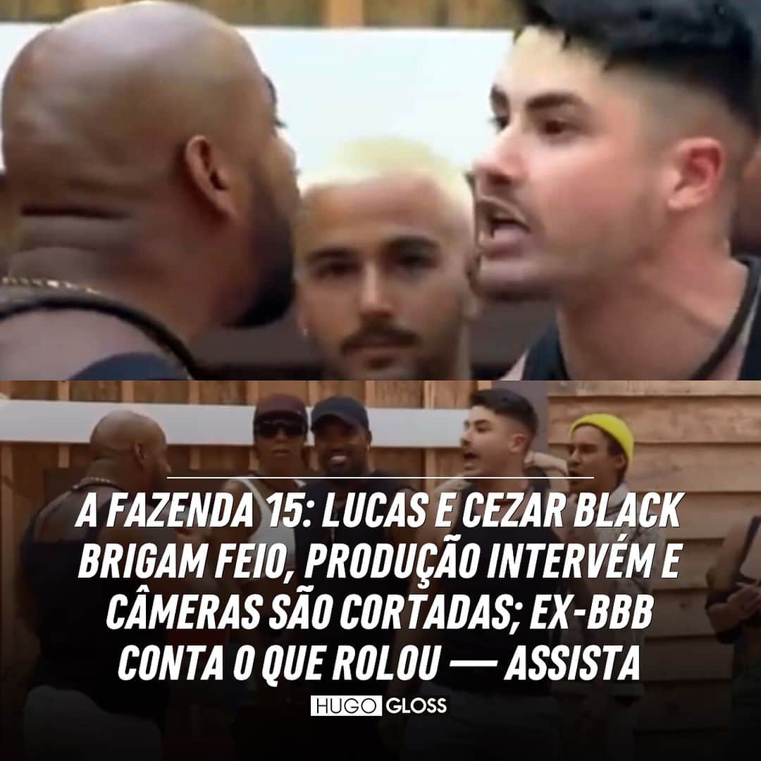Hugo Glossのインスタグラム：「Fogo no feno! 🔥 Nesta segunda-feira (20), Lucas Souza e Cezar Black tiveram uma treta tensa em #AFazenda15. Durante dinâmica, os peões de desentenderam e começaram um bate-boca feio, que forçou a produção a intervir e separar os dois. As imagens foram cortadas, mas um áudio vazado mostrou o momento em que a equipe do programa forçou os peões a se distanciarem. A briga resultou em choradeira de Lucas e Jaqueline Grohalski, e ainda numa série de graves acusações de Black contra o militar. "Ia me dar um murro", afirmou.  ➡️ Vem assistir a tudo e saber detalhes, clicando no link da bio ou no destaque “NEWS”. (📸: Reprodução/Record TV)」