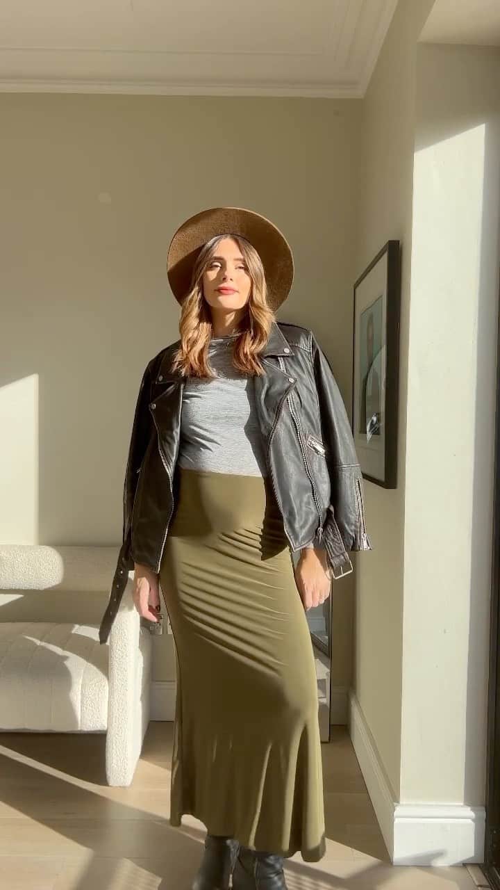 River Islandのインスタグラム：「We’re obsessed with the second look @lucy.nicholls_ A leather biker jacket with silver trousers? Genius.  #ImWearingRI #Linkinbio to shop  Brown leather biker jacket - 751488 Grey long sleeve top - 903262 Silver straight coated jeans - 903288」