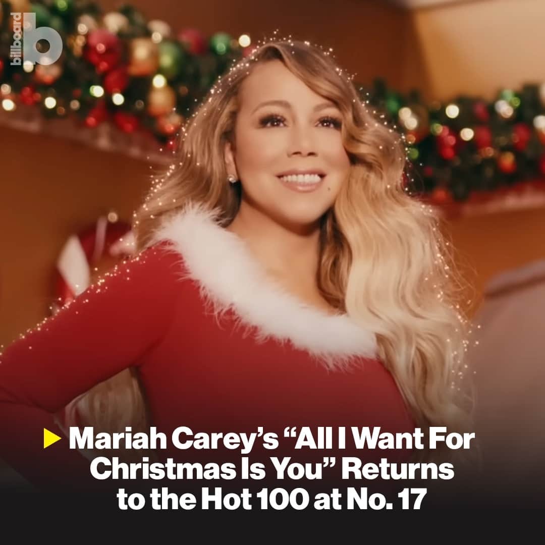 Billboardのインスタグラム：「Mariah Carey's "All I Want For Christmas Is You" has officially re-entered the #Hot100 for the 2023 holiday season. 🎄⁠ ⁠ The timeless holiday track, which is also the No. 1 hit on Billboard’s Greatest of All Time Holiday 100 Songs retrospective, dashes back to this week's Hot 100 chart for the first time this year at No. 17. ⁠ ⁠ Tap the link in bio for details + to see which other Christmas tracks have made their annual returns.」