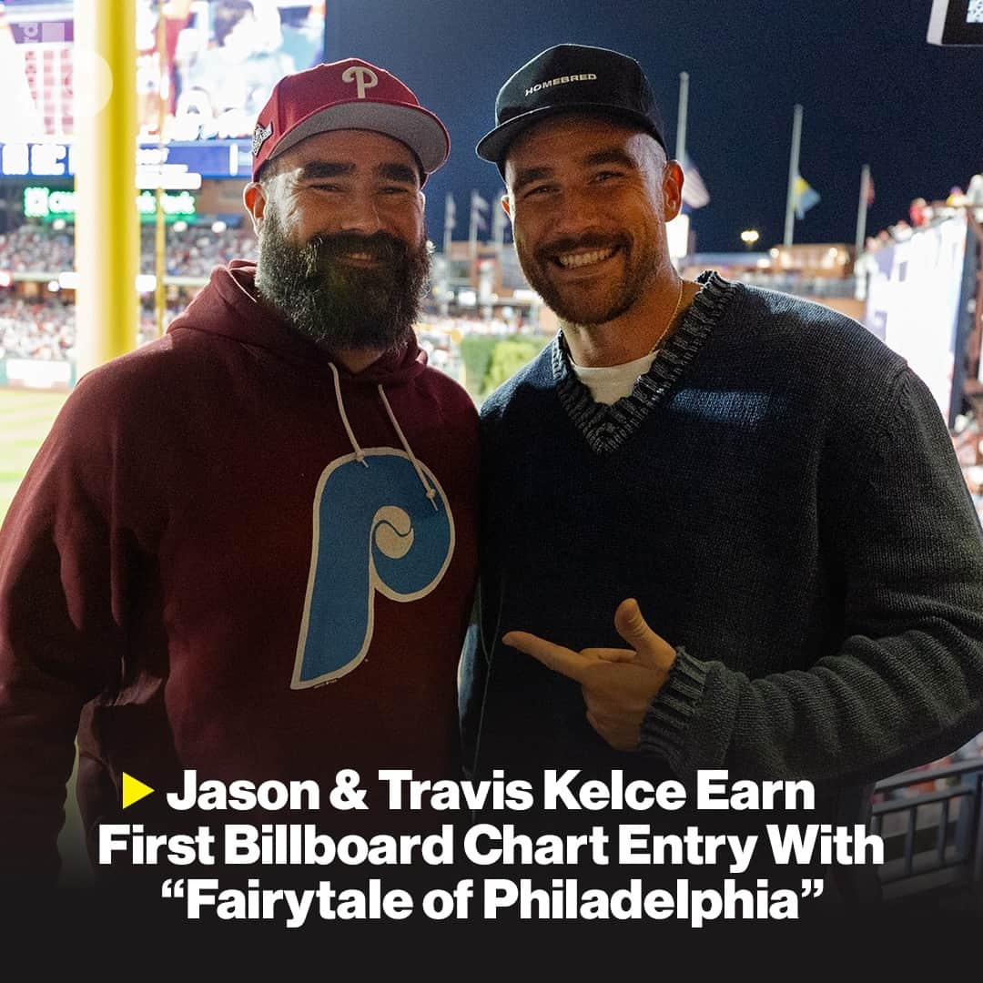 Billboardのインスタグラム：「From the @nfl to the @billboardcharts. 🏈📈⁠ ⁠ @jason.kelce & @killatrav both earn their first-ever entries on the Billboard charts, as their Christmas song, "Fairytale of Philadelphia," debuts at No. 5 this week's Digital Song Sales chart and No. 2 on the Rock Digital Song Sales chart.⁠ ⁠ Stay tuned for details at the link in bio.」