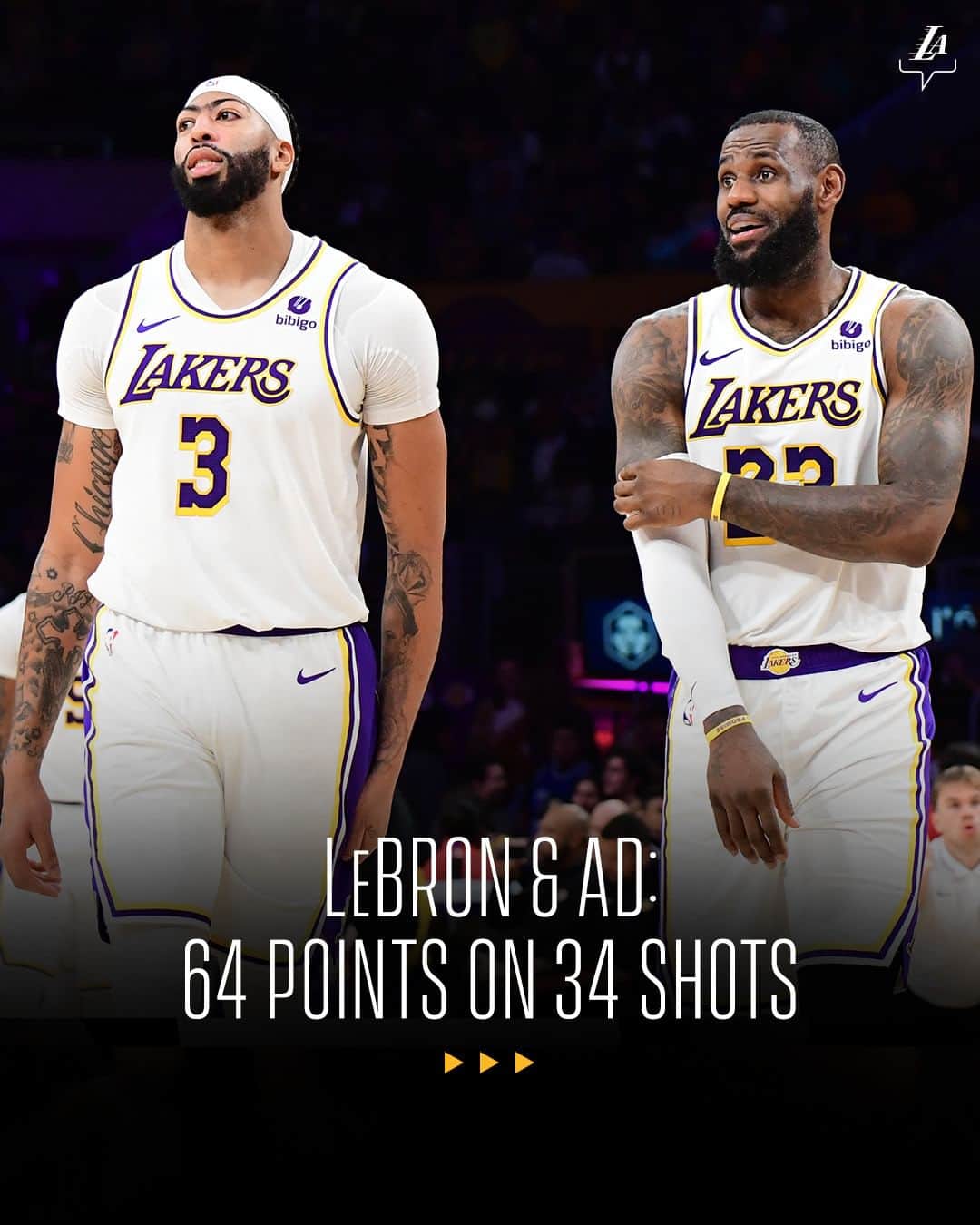 Los Angeles Lakersのインスタグラム：「Brow & Bron things.   The duo combined for 64 points, shooting 73.5% in the comeback dub ⚡️」