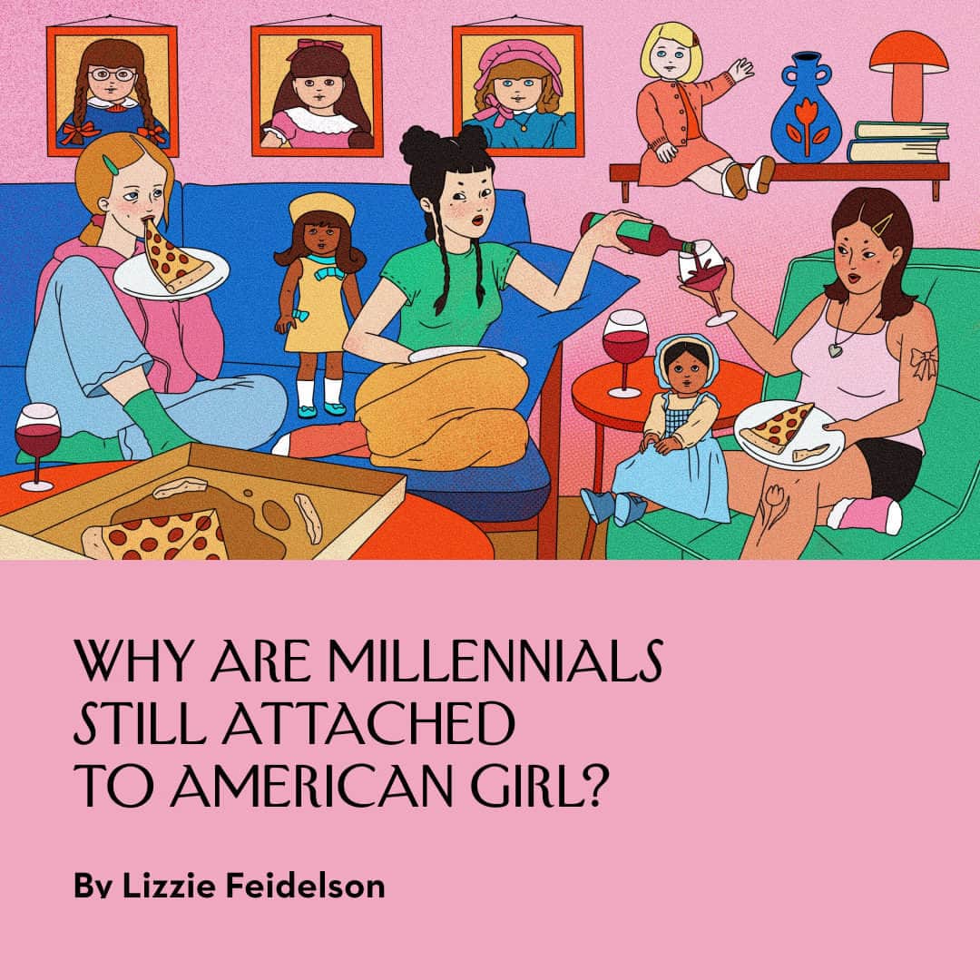 The New Yorkerのインスタグラム：「The American Girl doll was invented in the 1980s by a former grade-school teacher and news anchor in her mid-40s named Pleasant Rowland. Each of the original three dolls—the well-to-do orphan Samantha Parkington, the Swedish immigrant Kirsten Larson, and the bespectacled Midwesterner Molly McIntire—came with a set of books about their lives, in which we meet them as nine-year-olds and follow them in the course of about one year during a significant point in American history. From the beginning, Rowland’s invention wasn’t just a doll—by the 1990s and 2000s, American Girl was the dominant life-style brand for girls. There were cookbooks, theatre kits, paper dolls, D.I.Y. craft kits, a clothing line, pen-pal opportunities, and more.  Now, gatherings of people in their 30s are common at American Girl Cafés; there is more than one American Girl recap podcast and a host of American Girl history meme accounts. At the link in our bio, read more about how American Girl’s first target audience, now adult millennials, still form a key part of the brand’s fan base. Illustration by @bysunnywu.」