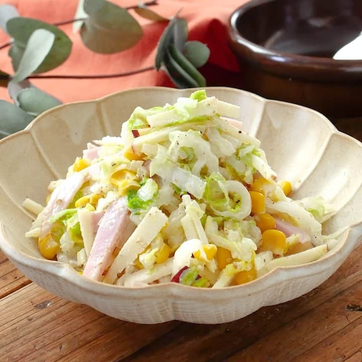 macaroniのインスタグラム：「マヨネーズ味で食べやすい🍎「#白菜とりんごのコールスロー」このレシピのポイントは↓の投稿文をチェックしてくださいね✨   ---------------------------------- ✍️このレシピのポイントは…   ✔️生の白菜はみずみずしくシャキシャキとした食感✨ ✔️マヨネーズ味で食べやすい🙌 ✔️りんごの食感がアクセントに🍎 ----------------------------------    ご質問はお気軽にコメント欄にどうぞ😊⁠ macaroni の料理家が⁣返信いたします👩‍🍳✨⁠  「保存」をしておくと、レシピを見返すときに便利👏 おいしそうと思った方は「いいね」で教えてね💞  ■調理時間：10分  ■材料（2〜3人分) ・白菜：200g ・塩：小さじ1/2杯 ・ハム：3枚 ・りんご：1/4個 ・コーン缶：50g ・a. マヨネーズ：大さじ2杯 ・a. 塩：少々 ・a. こしょう：少々 ・a. 白すりごま：小さじ2杯  ■下ごしらえ ・りんごは1/4個に切って、芯を取り除きます。  ■作り方 1. 白菜を繊維を断つように細切りにし、塩を加えて混ぜ合わせます。白菜がしんなりしたら水気を切り、ボウルに移します。 2. りんごとハムを細切りにします。 3. ①のボウルに②とコーンを加え、（a）も加えてよく混ぜます。器に盛り付けて完成です。  ■コツ・ポイント ・食材の水分をしっかりと拭き取ってから合わせることで、味がぼけにくくなります。 ・白すりごまが野菜の水分を吸ってくれるので、仕上がりが水っぽくなりません。  #macaroniレシピ #レシピ #おうちごはん #暮らし #日常 #おうちカフェ #ごはん #暮らしを楽しむ #料理好きな人と繋がりたい #自炊 #手料理 #丁寧な暮らし #うちごはん #日々の暮らし #家庭料理 #日々 #献立 #ランチ #晩ごはん #夕飯 #夜ごはん #お昼ごはん #夜ご飯 #晩ご飯 #白菜サラダ #おうち時間 #白菜レシピ #コールスロー」