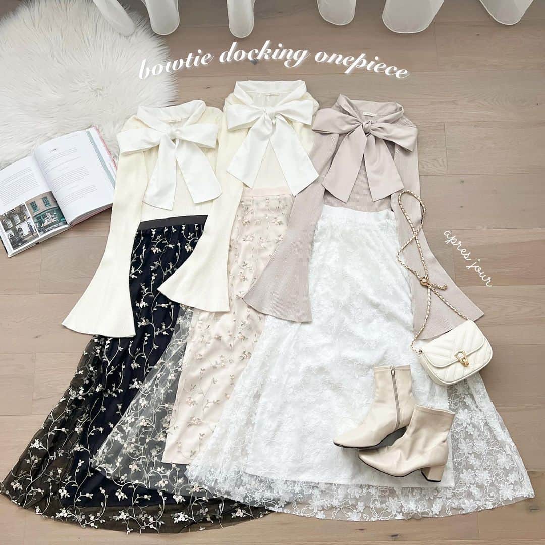 apres jour(アプレジュール) のインスタグラム：「【new arrival🎀】11/23(木) 21:00〜 ⁡ ◆ボウタイ×花柄の大人フェミニンなドッキングワンピース♡ ⁡ ビックなボウタイと女性らしさある花柄デザインのドッキングワンピースです。 揺れるたびにひらひらとする花柄チュールが目を惹く大人フェミニンなデザイン。  フレア袖なので細部のシルエットまでこだわりが詰まった1枚となっております。  ウエスト後ろはゴム仕様です。  それぞれカラーバリエーション毎に違った雰囲気をお楽しみいただけるアイテム♡ これからの季節にはアウターやカーディガンなど羽織と合わせて、 暖かくなった春先にはワンピース1枚で、長期で着用いただくことが可能です！ ⁡ #ボウタイドッキングワンピース 商品番号🔎990940 サイズ…F/XL ¥6,595(taxin) ⁡ ⁡ こちらの画像はインスタ用に加工しておりますので、カラーの雰囲気が実際の商品と異なる場合がございます。 商品ページにてカラーのご確認をお願い致します。 ⁡ #ZOZOでしか買えない #アプレジュール #アプレ部」