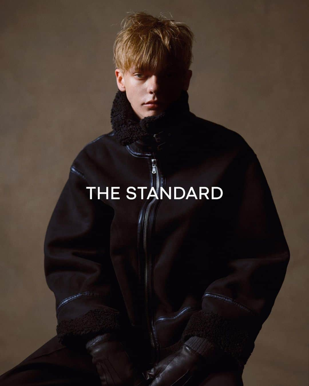 GO AKIMOTOのインスタグラム：「・・・ @thestandard_official_   THE STANDARD 2023 WINTER COLLECTION  Fake Mouton Flight Jacket ¥10,999（tax in） color: Black　size: M, L  photographer @rikiyamada  model @lidengabriel @themgt.jp  hair & make @akizukiyosuke  brand director @no._official @takeshiichinomiya  assist @wego_official press @rryfrky  art direction & styling @go_akimoto  ・・・・・・・・・・」