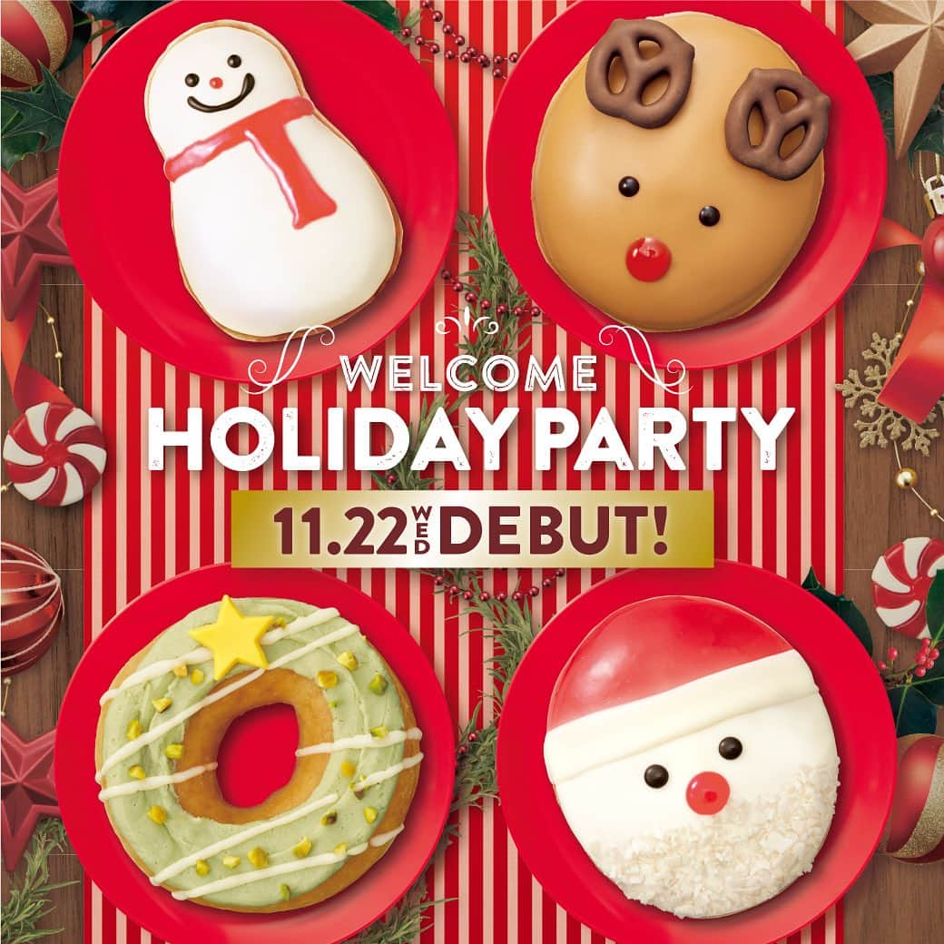 クリスピー・クリーム・ドーナツ ジャパンのインスタグラム：「いよいよ明日11/22(水)から・・ 『WELCOME HOLIDAY PARTY』スタート!✨  ホリデーの主役たちが集まって、 心躍る季節をさらに盛り上げますよ🎅🎄  お楽しみに❣️   #クリスピークリームドーナツ #新商品 #ホリデードーナツ #krispykremedoughnuts #ドーナツ #ドーナツタイム #限定 #スイーツタイム #クリスマススイーツ #クリスマスドーナツ #クリスマス #ホリデー」