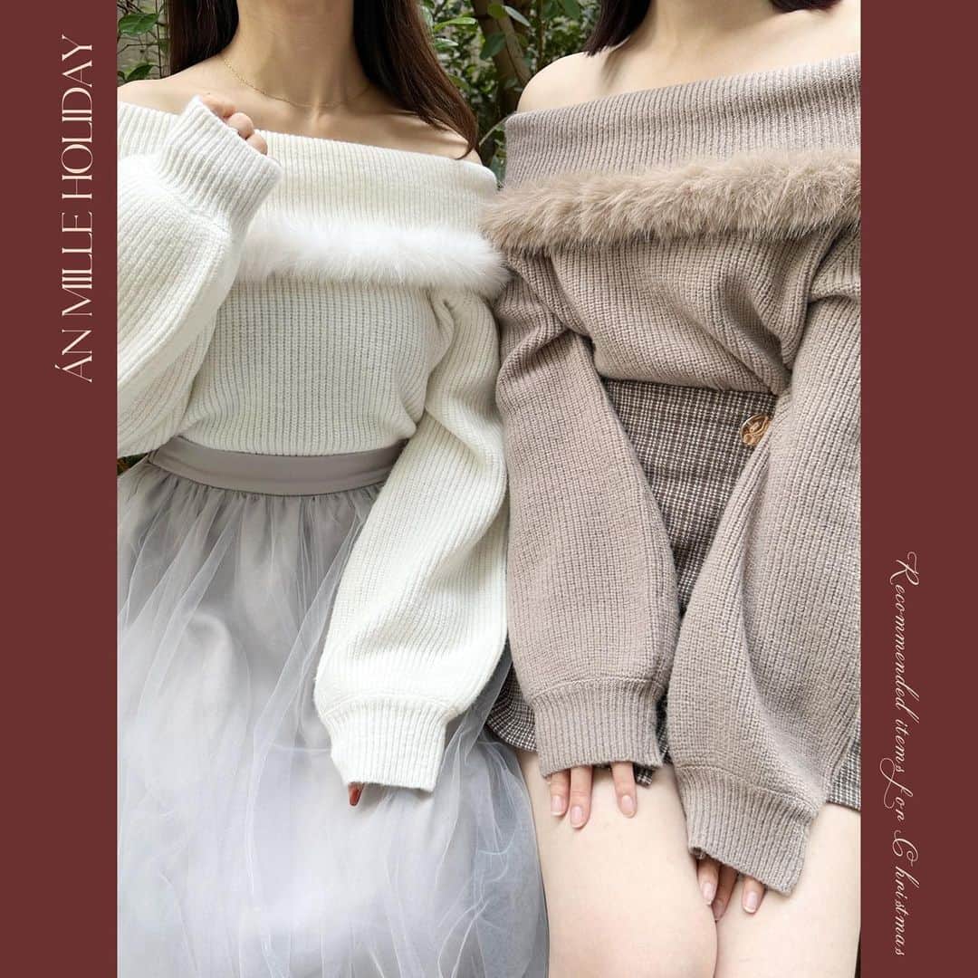 のインスタグラム：「Án MILLE Christmas🎄 holiday collection ‧˚ ㅤㅤㅤㅤㅤㅤㅤㅤㅤㅤㅤㅤㅤ \ 11月下旬入荷予定 / #ファーオフショルニット ¥7,400 【OW/PI/BU】 ㅤㅤㅤㅤㅤㅤㅤㅤㅤㅤㅤㅤㅤ ㅤㅤㅤㅤㅤㅤㅤㅤㅤㅤㅤㅤㅤㅤㅤㅤㅤㅤㅤㅤㅤㅤㅤㅤㅤ #アンミール #anmille」