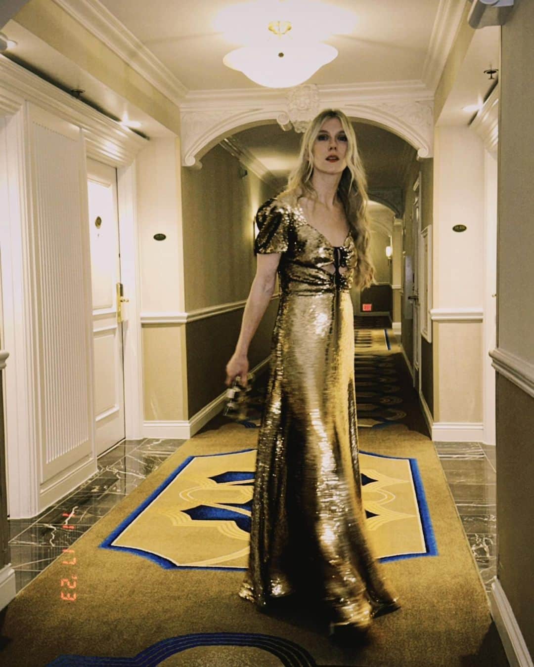 ロダルテのインスタグラム：「@lilyrabe wears Rodarte’s FW21 Gold Sequin Lace Up Bias Gown.   Styled by @leithclark. Hair: @claytonhawkins, makeup: @sarahuslan.  #rodarte #lilyrabe」