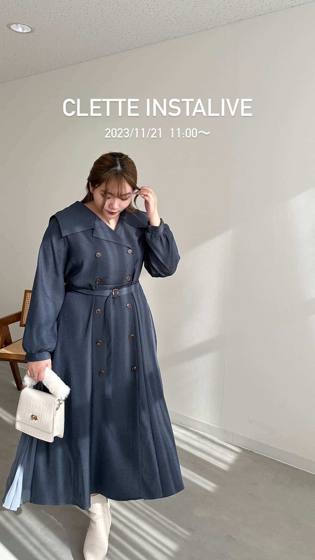 clette(クレット)のインスタグラム：「11月21日 CLETTEInstagramLIVE  11月 21日 (火曜日) 【新商品】 b4a173104　CLETTEオリジナル★チェック柄ドッキングワンピース b4a173109　CLETTEオリジナル★サイドプリーツトレンチ風ワンピース b4a173110　 CLETTEオリジナル★カシュクールギャザーワンピース  【再入荷】 b4a173100　CLETTEオリジナル★ビット使いジャンスカワンピース b4a190061　CLETTEオリジナル★レースワンピース  11月 24日 (金曜日) 【新商品】 a9a192010　CLETTEオリジナル★袖チュール重ねレースブラウス x4a199009　CLETTEオリジナル★ワンポイントネックレス x2a199020　CLETTEオリジナル★ピンクゴールドダブルリング x2a199019　CLETTEオリジナル★ピンクゴールドストーンラップリング x2a199018　CLETTEオリジナル★ピンクゴールドワンポイントストーンリング x0a199002　CLETTEオリジナル★トリプルストーンブレスレット x0a199001　CLETTEオリジナル★スキップグリッターブレスレット x4a199008　CLETTEオリジナル★ムーンデザインネックレス x4a199007　CLETTEオリジナル★Vデザインネックレス x2a199017　CLETTEオリジナル★Vデザインリング x2a199016　CLETTEオリジナル★リバーシブルリング x2a199015　CLETTEオリジナル★ハートストーンリング x2a199014　CLETTEオリジナル★ジュエルストーンリング  【再入荷】 b8a157341　ショート丈ケーブルニットプルオーバー  #クレ友」
