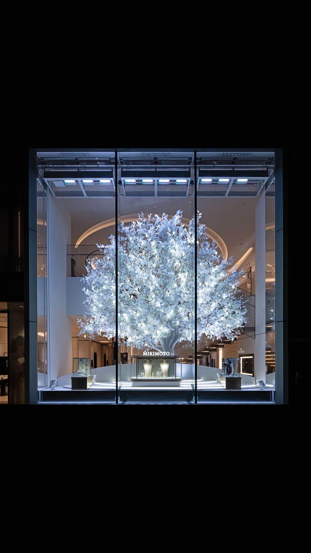 Mikimotoのインスタグラム：「This year, an enormous snow-white tree decorates our Ginza Main Store window, illuminating the streets of Ginza, to wish everyone a holiday season full of peace and joy.  人との繋がりや平和への想いを表現した純白の大樹が、ホリデーシーズンの銀座に登場。 銀座4丁目本店で優美なインスタレーションをお楽しみください。  #MIKIMOTO #ミキモト #MikimotoHoliday」