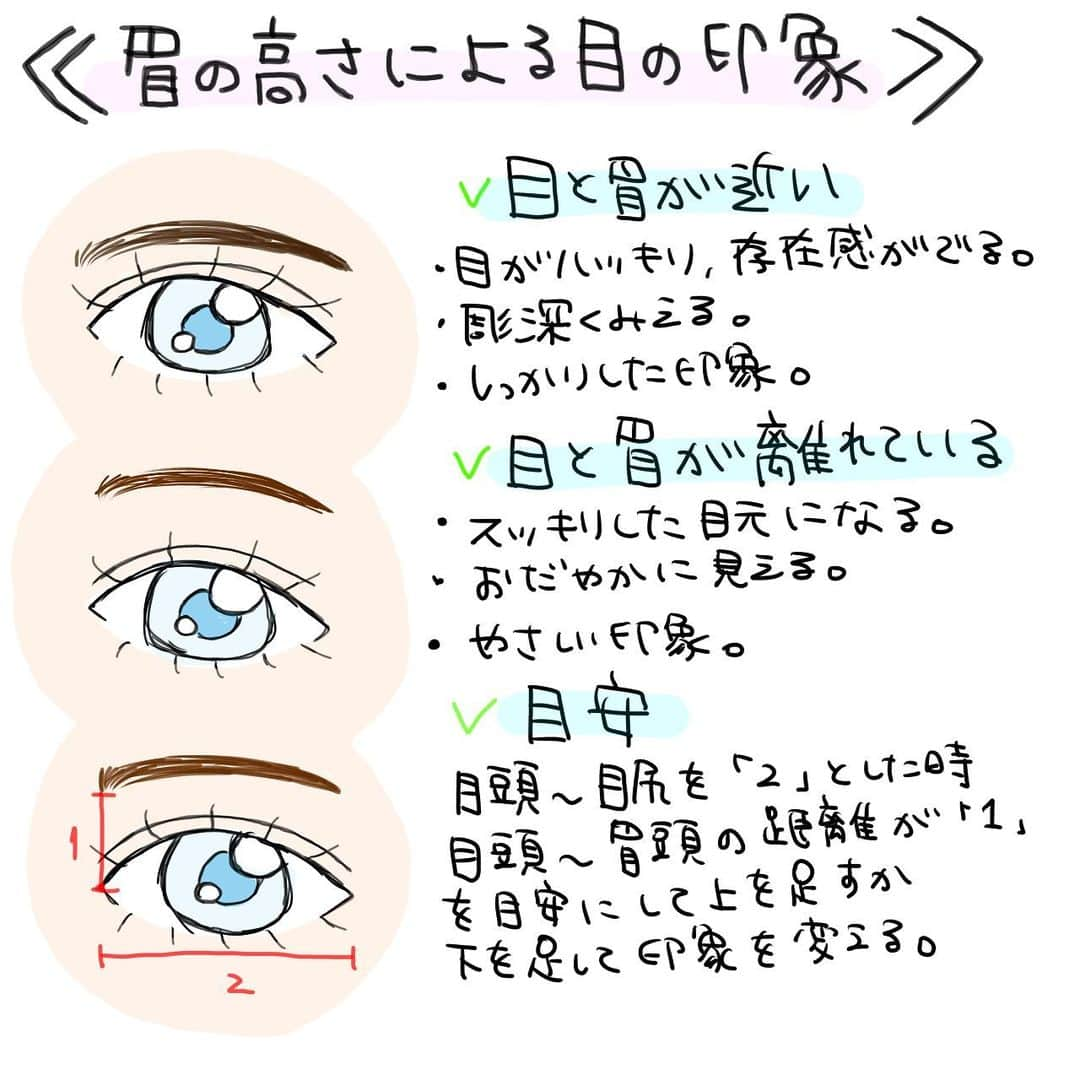 cecil0930 INOUEのインスタグラム：「🙌眉の高さによる目の印象🙌  眉の高さ、気にしたことある❓ 自分の印象を変えたいとき、1番すぐに変えられる部分は眉毛👀  太さだけではなく、目と眉の距離でも印象は変わります✨  若く見せたい方は、目と眉の間を広くすると若々しくも見えますよ🩷  基準は 目頭〜目尻を2とした時に、 目頭〜眉頭を1として  目と眉の距離を短くしたいなら、下を足して、話したいなら、上を足してみてくださいね😊  ⭐️ハリウッドブロウリフト、メイクレッスンしています✨ ご予約はプロフィール欄URLにて😊  📻月曜、朝7:00〜 スタンドFMにて 「あなたを輝かせる美容家セシルチャンネル」では、美容、マインドなどを お届け❗️耳で聞く美容✨聞いてみてね🎵  #make#makeupartist#美容#メイク#眉#眉の悩み#アイブロウ#眉の描き方#眉メイク#眉毛#黄金比#コンプレックス#メイク術#メイク動画#岐阜市 #初心者メイク#使い方#眉難民#若見え#堀深メイク#眉の基本#バランス」