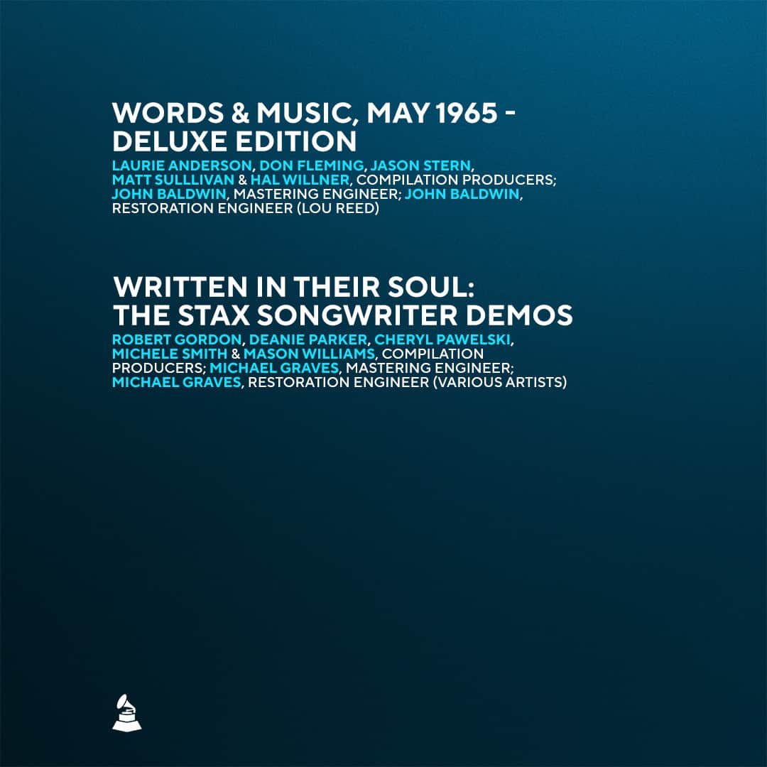 The GRAMMYsさんのインスタグラム写真 - (The GRAMMYsInstagram)「Congratulations to the 66th #GRAMMYs Best Historical Album nominees:  🎵 Steve Berkowitz & Jeff Rosen, compilation producers; @addabbosteve, @GregCalbi, @fallonesteven, Chris Shaw & Mark Wilder, mastering engineers (@BobDylan) — 'Fragments – Time Out Of Mind Sessions (1996-1997): The Bootleg Series, Vol. 17'  🎵 @ch2101, Meagan Hennessey & Richard Martin, compilation producers; Richard Martin, mastering engineer; Richard Martin, restoration engineer (Various Artists) — 'The Moaninest Moan Of Them All: The Jazz Saxophone of Loren McMurray, 1920-1922'  🎵 Jeff Place & John Troutman, compilation producers; Randy LeRoy & Charlie Pilzer, mastering engineers; Mike Petillo & Charlie Pilzer, restoration engineers (Various Artists) — 'Playing For The Man At The Door: Field Recordings From The Collection Of Mack McCormick, 1958–1971'  🎵 @laurieandersonofficial, @instantmayhem, @stu_benedict, Matt Sulllivan & Hal Willner, compilation producers; @johnbaldwinmastering, mastering engineer; John Baldwin, restoration engineer (@loureedofficial)— 'Words & Music, May 1965 - Deluxe Edition'  🎵 Robert Gordon, Deanie Parker, @cherylpawelski, Michele Smith & Mason Williams, compilation producers; @osirisstudio, mastering engineer; Michael Graves, restoration engineer (Various Artists) — 'Written In Their Soul: The Stax Songwriter Demos'  🎤 Rewatch GRAMMY nominations at the link in our bio, and watch the GRAMMY Awards on Feb. 4, 2024 on @CBStv.」11月21日 13時24分 - recordingacademy