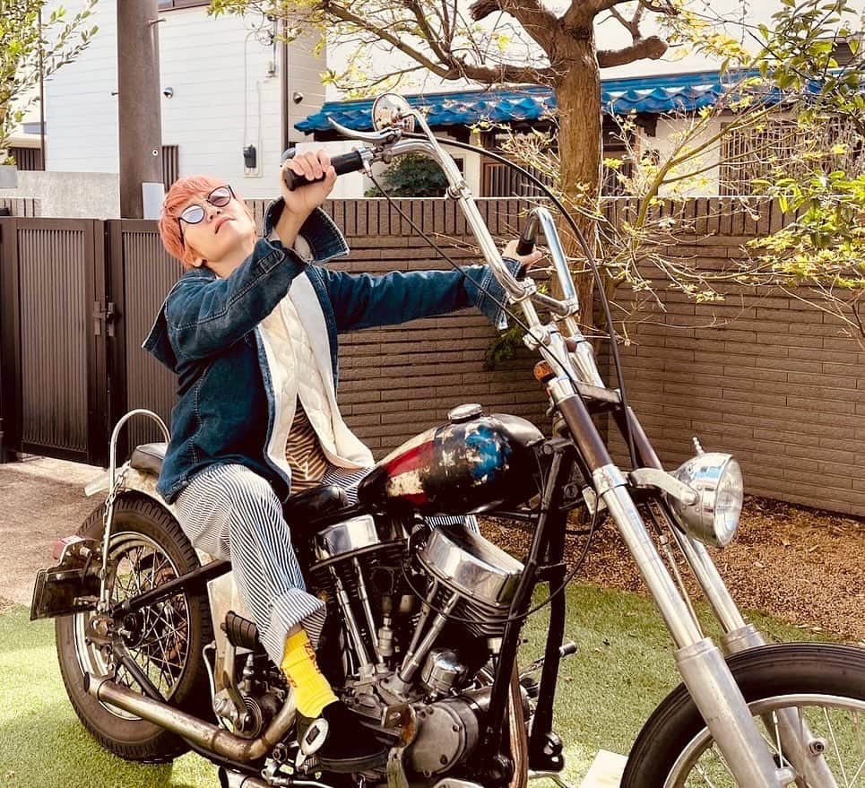 Curly Giraffeのインスタグラム：「うちに来てバイクに跨る人。  #福岡晃子」