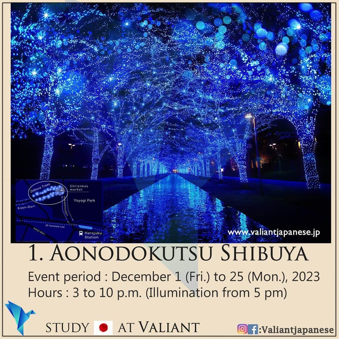 Valiant Language Schoolさんのインスタグラム写真 - (Valiant Language SchoolInstagram)「Top Illumination Spots around Tokyo 2023-2024 🎄(Swipe for details 👉) Tag your friend/loved one! Comment below other places you recommend! 🌈🌟 . . . Some locations:   -	Meguro River Minna no Illumination: 	•	Meguro River is illuminated with thousands of LEDs, creating a romantic and picturesque scene along the riverbank. 	-	Shinjuku Terrace City Illumination: 	•	The terrace area around Shinjuku Southern Terrace is adorned with sparkling lights, offering a festive atmosphere in the heart of Shinjuku. 	-	Caretta Shiodome Illumination: 	•	Caretta Shiodome, located in the Shiodome district, features a dynamic winter illumination show that includes music and impressive light displays.  	-	Tokyo Midtown: 	•	Known for its elegant illuminations, Tokyo Midtown offers a sophisticated winter lights display. 	-	Shibuya Blue Cave: 	•	Shibuya transforms into a mesmerizing “Blue Cave” during the winter season, creating a magical atmosphere. 	- 	Roppongi Hills: 	•	Roppongi Hills illuminations are renowned for their artistic displays, combining lights with contemporary art installations. 	- 	Tokyo Dome City: 	•	The area around Tokyo Dome City is adorned with vibrant lights, creating a festive ambiance perfect for the holiday season. 	- Odaiba Illumination “YAKEI”: 	•	Odaiba’s waterfront illuminations, known as “YAKEI,” offer stunning views of Tokyo Bay with rainbow-colored lights. #イルミネーション #クリスマス #traveljapan #explorejapan #tokyocameraclub」11月21日 17時36分 - valiantjapanese