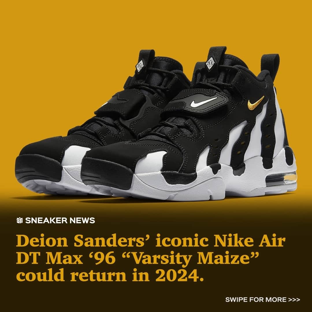 Sneaker Newsのインスタグラム：「Coach Prime and Nike could be back in the lab ⚾️🏈⁠ ⁠ Deion Sanders' Air DT Max '96 is rumored to return in its iconic "White/Black/Varsity Maize" color scheme. The eye-catching cross-trainer last released in 2018, but without Sanders' involvement. Since leading the Colorado Buffaloes, Coach Prime has rocked custom pairs of the vintage design. ⁠ ⁠ Tap the LINK IN BIO for the full story.」