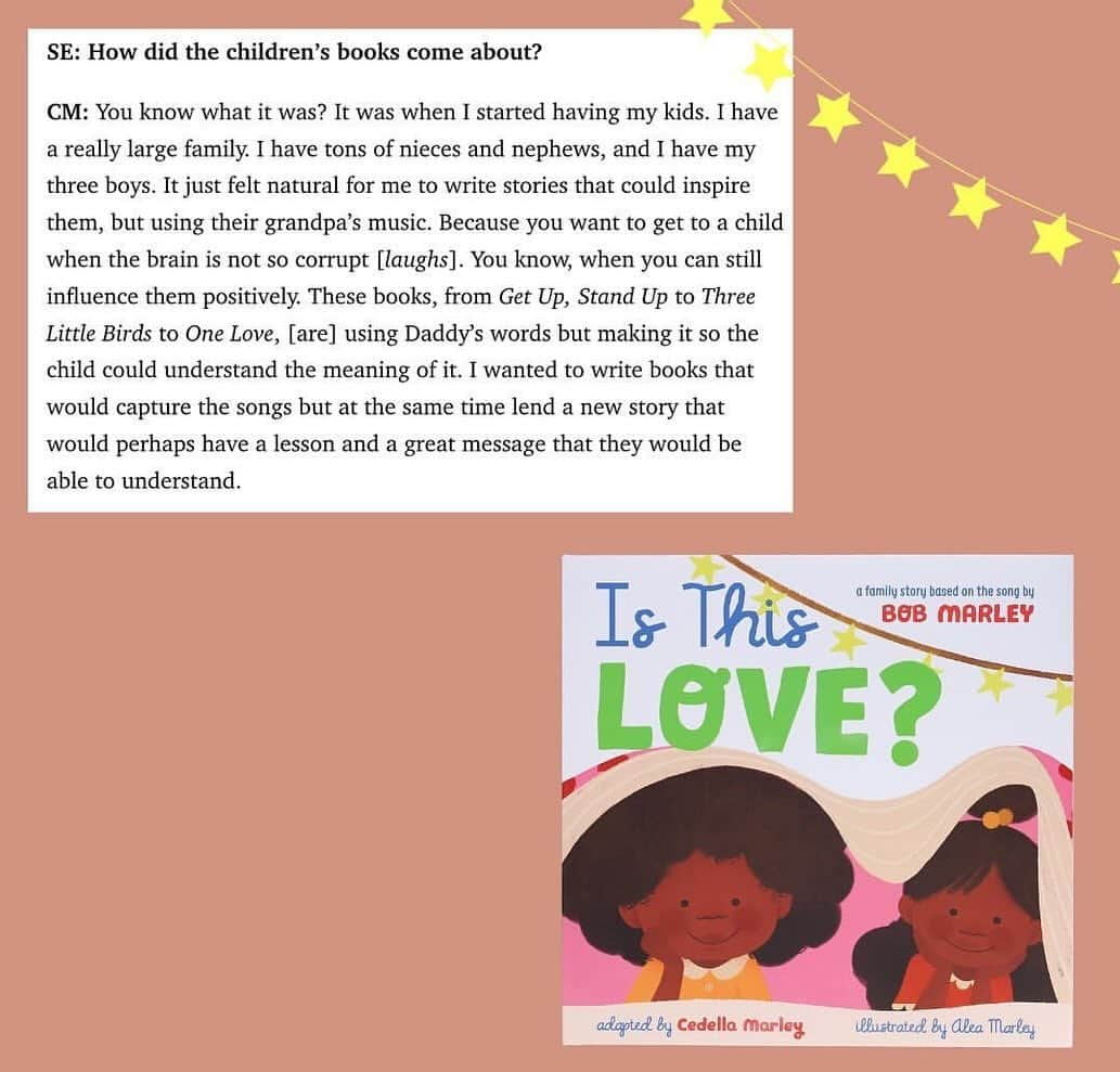 ボブ・マーリーさんのインスタグラム写真 - (ボブ・マーリーInstagram)「JAH provide the bread! @cedellamarley latest children's book, "Is This Love?" is officially HERE 📖📚❤️ A story of family, based on Bob’s classic tune, get your copy today at the link in story. #cedellamarley #marleyfamily #LEGACY #newbooks #childrensbooks #isthislove #reggae」11月22日 4時01分 - bobmarley