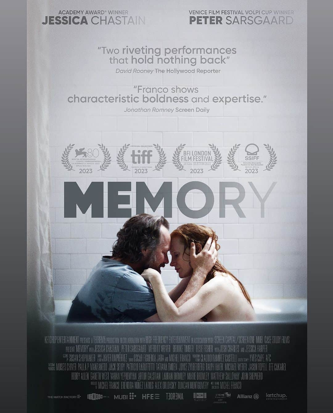 ジェシカ・チャステインのインスタグラム：「The official poster for our movie “Memory” 🖤 in theaters in NY & LA on Dec 22. Nationwide Jan 5th. I can’t wait for everyone to see the Venice Film Festival Best Actor winner @gaardsars beautiful performance.」