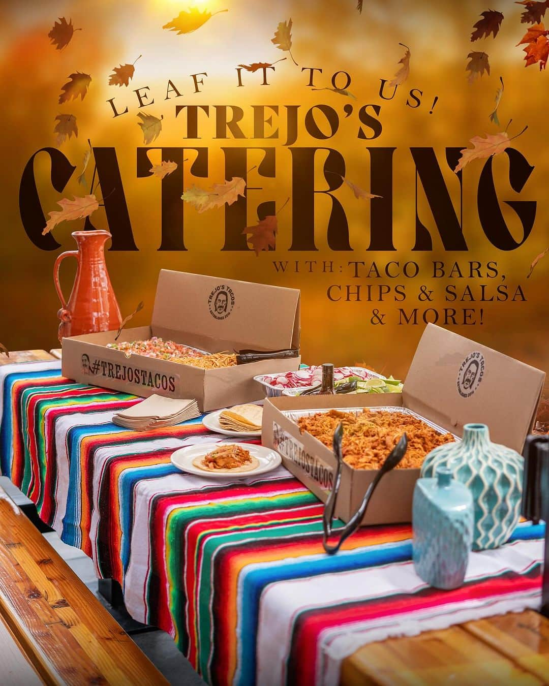 ダニー・トレホのインスタグラム：「Elevate your fall festivities with @trejoscatering! Our Taco Bar brings a fiesta to your fall holidays, featuring a mouthwatering array of flavors that will leave your guests craving more. Spice up the season with the bold taste of @trejostacos! 🌮🍂  Book your event with us before Dec 1st, spend $500, and get a $50 gift card on us. We do all the work, leave it to us to host your holiday event at one of our 4 taco locations or at your preferred venue.   Let’s taco ‘bout making your celebrations sizzle! 🎉🍹   #TrejosTacos #HolidayCatering #MargaritaMagic”」