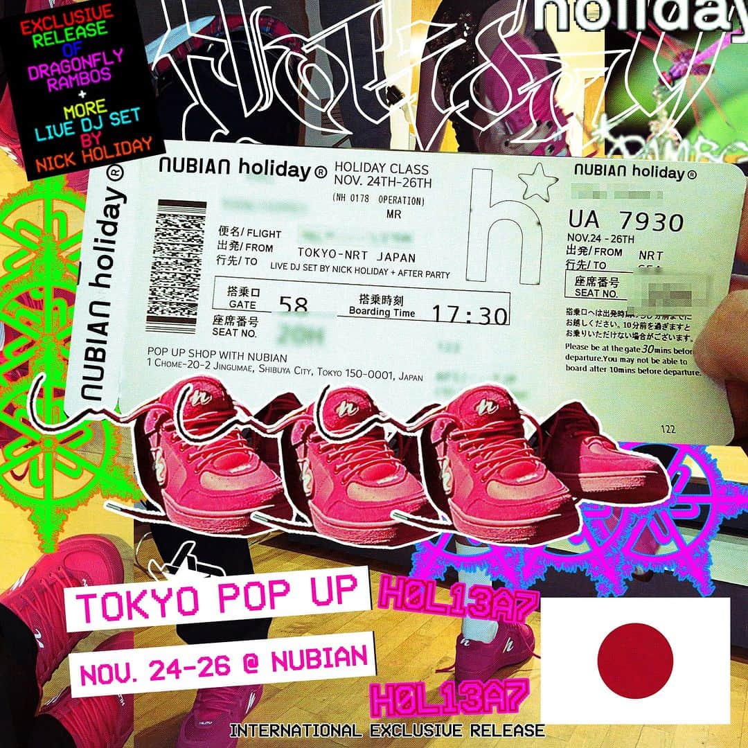 NUBIANのインスタグラム：「【holiday POP-UP STORE】 Dragonfly Rambos + Exclusive Wear Release  -Date- 11/24(Fri) - 11/26(Sun) NUBIAN HARAJUKU  -Nick Holiday DJ Set- 11/24(Fri) 7:00PM NUBIAN HARAJUKU  @holidaybrand @nickholiday #holiday #nubiantokyo   ==========  惜しくも解散してしまったLA拠点のオルタナティブラップグループ BROCKHAMPTON(ブロックハンプトン)のメンバーでもある”Nick Holiday”が手掛けるブランド”holiday”のポップアップが開催決定。 初日には購入者限定で”Nick Holiday”を迎えたDJプレイを開催。  先日開催されたComplexConでリリースされたスニーカー”Dragonfly Rambos”をNUBIAN限定で発売。合わせて別注商品もラインナップ。  またとないこの機会を是非お見逃しなく。  ※時間は予告なく変更になる場合がございます。」