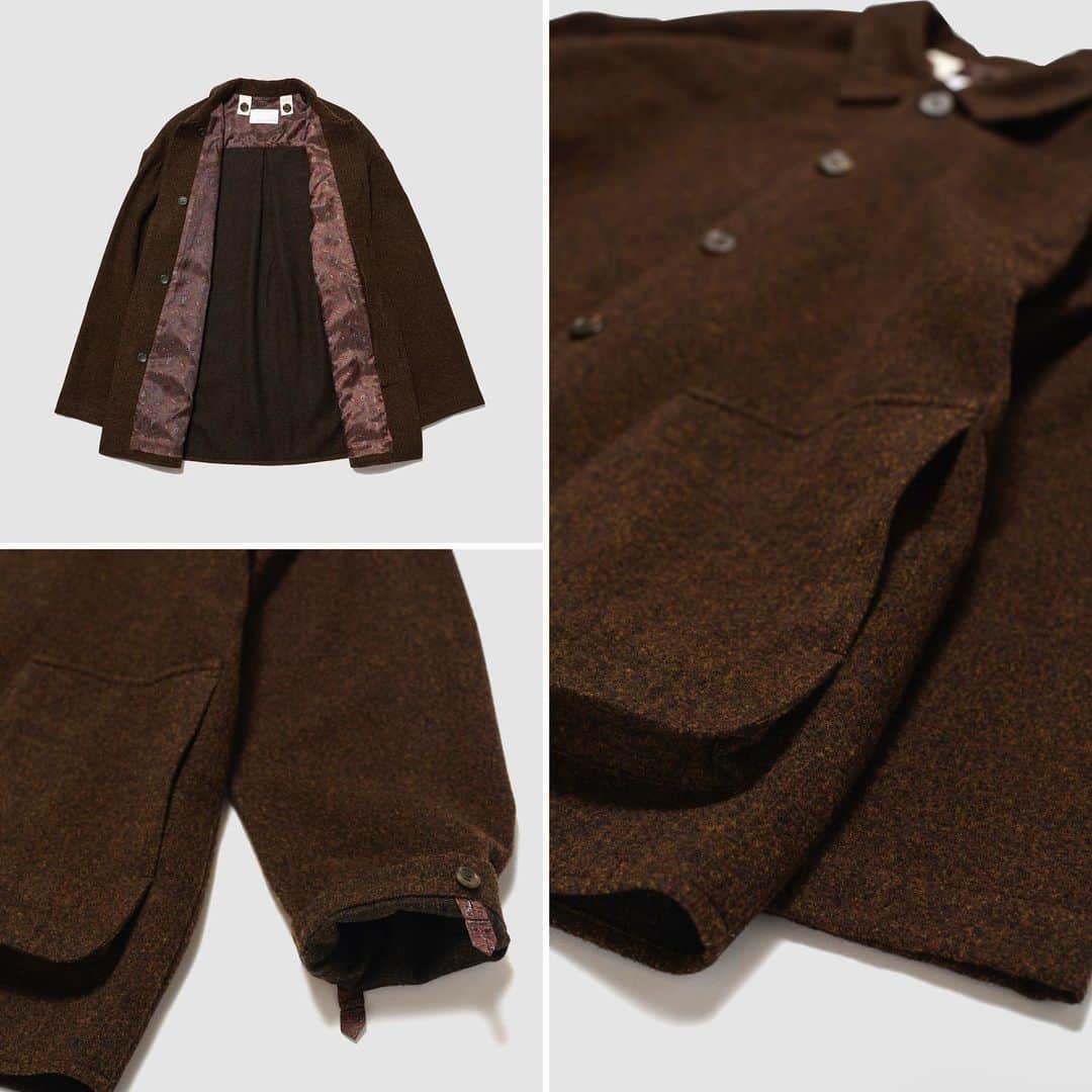 サワ タカイさんのインスタグラム写真 - (サワ タカイInstagram)「sawa takai Fall Winter 2023  MUSE JACKET  Oversized shirt jacket with gusset pockets.  Can be worn with Fur Liner Vest or Nomad Liner for additional warmth by attaching it with buttons and loops.  シャツ仕立てのオーバーサイズジャケット。マチ付きの腰ポケットが特徴的。裏地なしの一枚仕立てですが、FUR LINER VESTやFW22コレクションのNOMAD LINERを装着すれば、防寒性を高めることも可能。クリーム色の9ウェル太畝コーデュロイ、イエローとブラック、オレンジとブラックの糸をそれぞれ撚り、軽く仕上げたブラウン杢モッサー生地で展開。 生地合わせでSUIT TROUSERとのセットアップもおすすめです。  #sawatakai #fallwinter2023 #fw23 #fw2023」11月21日 21時12分 - sawatakai_official