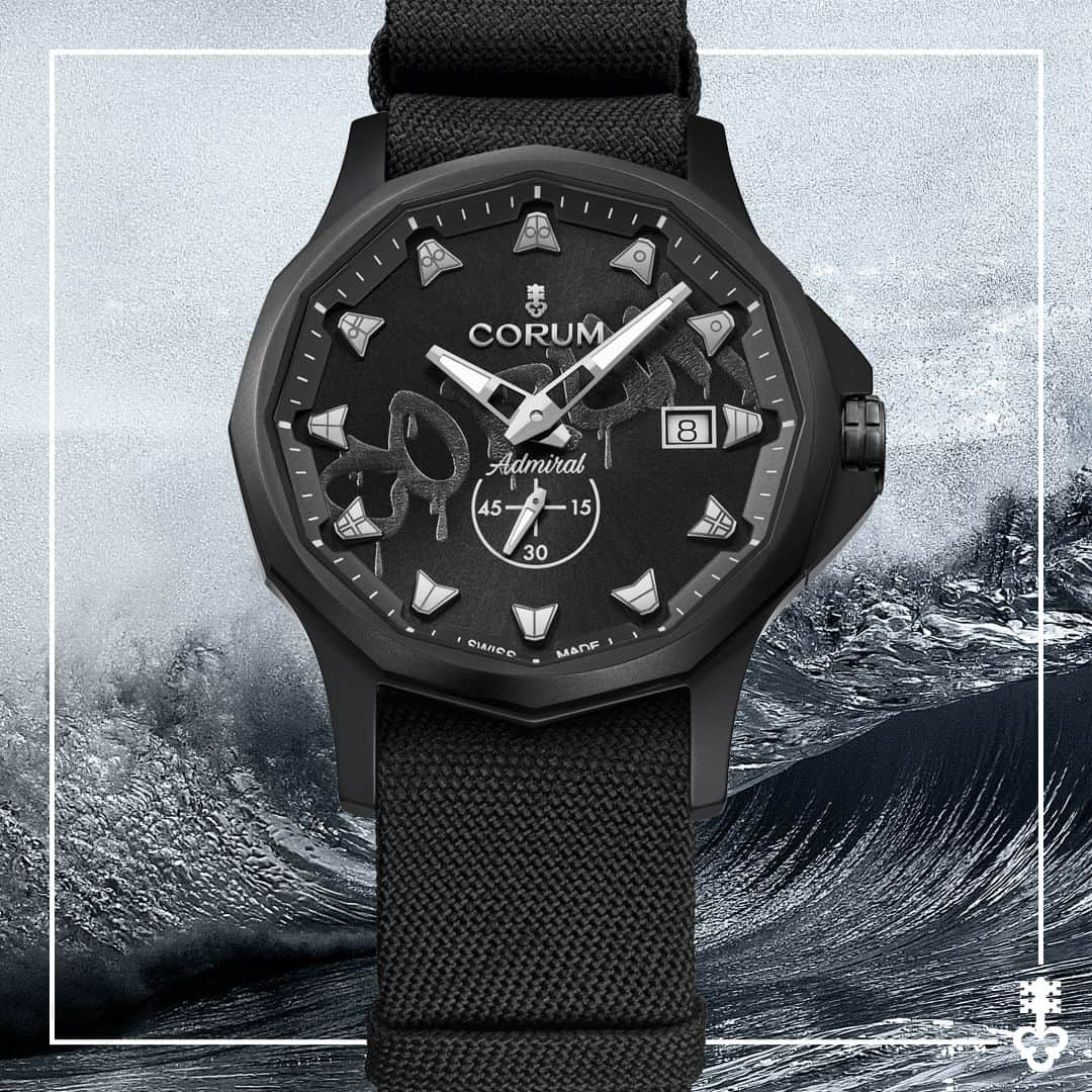 コルムのインスタグラム：「Same distinct features in a different look.  A modern-day icon that represents the adventurous and daring spirit of today’s navigators of life, the Admiral steps into the limelight of artistic expression with the limited edition Admiral "TAG", a sleek, full-black timepiece featuring a sand-blasted ceramic case and complementary NATO strap.  Limited edition of 50 pieces.  (Ref. A395/04461)  #CorumWatches #CorumAdmiral #AdmiralCeramic」