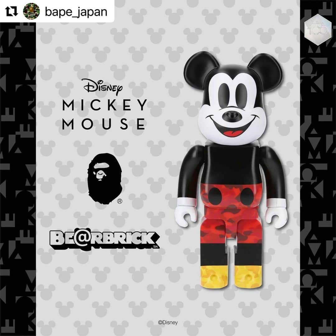 MEDICOM TOYのインスタグラム：「#Repost @bape_japan with @use.repost ・・・ In celebration of the A BATHING APE®︎’s 30th Anniversary and Disney’s 100th Anniversary, BE@RBRICK BAPE®︎ MICKEY MOUSE will be launching in collaboration with MEDICOM TOY.  Two size sets of 100% (approx. 7 cm) & 400% (approx. 28 cm) and 1000% (70 cm) will be available.  The box, which features the 30th Anniversary logo of BAPE®︎ and the 100th Anniversary logo of Disney, is a special edition box that is exclusive to this collaboration.  This item will be available at A BATHING APE® authorized stores and BAPE.COM Thursday, November 23rd.  @medicom_toy   #bape #abathingape #medicomtoy #bearbrick #mickeymouse #disney」