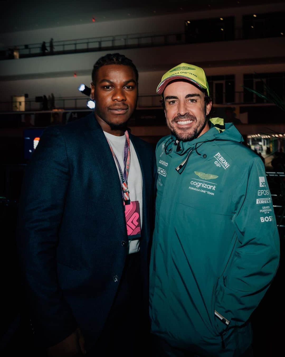 ヒューゴボスのインスタグラム：「Pictured in the Paddock: #JohnBoyega and #ColinKaepernick joined us in supporting #FernandoAlonso and @astonmartinf1 at the Las Vegas Grand Prix #BeYourOwnBOSS #RaceLikeABOSS」