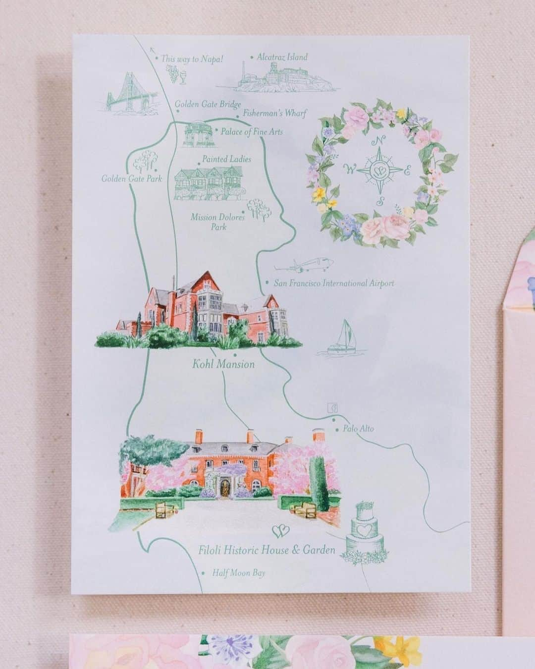 Ceci Johnsonさんのインスタグラム写真 - (Ceci JohnsonInstagram)「WEDDING | Embark on a fairytale journey with Sarah + Marcel’s love story, elegantly captured in their couture wedding invitation. Hand-painted watercolors of the couple on the invitation enclosed in a dreamy dusty pink envelope sealed in pink wax. A map reveals the magical venues—Kohl Mansion for the welcome party and Filoli History House & Garden for the wedding. Every detail whispers of their romance, with the invitation, envelope liner, menu and escort cards adorned in watercolor paintings of their wedding florals. #CeciCouture  CREATIVE PARTNERS: Stationery: @cecinewyork Design + Planning: @coledrakeevents Production + Florals: @flowersbyedgar Photography: @larissaclevelandphoto Wardrobe concierge: @theweddingdetailor Catering: @paulaleduc DJ: @djbrianbofficial Rentals: @finelinencreation Makeup: @carriealdous Venue: #filoli  #cecinewyork #ceciwedding #coutureinvitation #weddingmagic #watercolor #filoichistorygarden #personalizedwedding #whimsicalinvites #bespokewedding #romanticstationery #weddingdaymagic #celebratinglove #luxuryinvitation」11月21日 23時24分 - cecinewyork