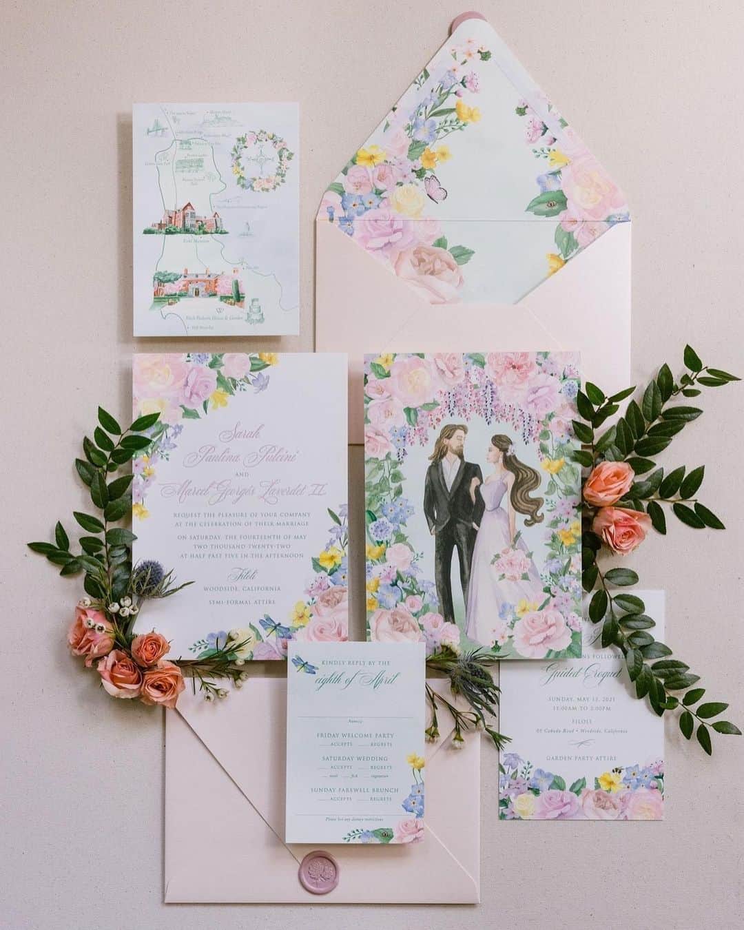 Ceci Johnsonのインスタグラム：「WEDDING | Embark on a fairytale journey with Sarah + Marcel’s love story, elegantly captured in their couture wedding invitation. Hand-painted watercolors of the couple on the invitation enclosed in a dreamy dusty pink envelope sealed in pink wax. A map reveals the magical venues—Kohl Mansion for the welcome party and Filoli History House & Garden for the wedding. Every detail whispers of their romance, with the invitation, envelope liner, menu and escort cards adorned in watercolor paintings of their wedding florals. #CeciCouture  CREATIVE PARTNERS: Stationery: @cecinewyork Design + Planning: @coledrakeevents Production + Florals: @flowersbyedgar Photography: @larissaclevelandphoto Wardrobe concierge: @theweddingdetailor Catering: @paulaleduc DJ: @djbrianbofficial Rentals: @finelinencreation Makeup: @carriealdous Venue: #filoli  #cecinewyork #ceciwedding #coutureinvitation #weddingmagic #watercolor #filoichistorygarden #personalizedwedding #whimsicalinvites #bespokewedding #romanticstationery #weddingdaymagic #celebratinglove #luxuryinvitation」