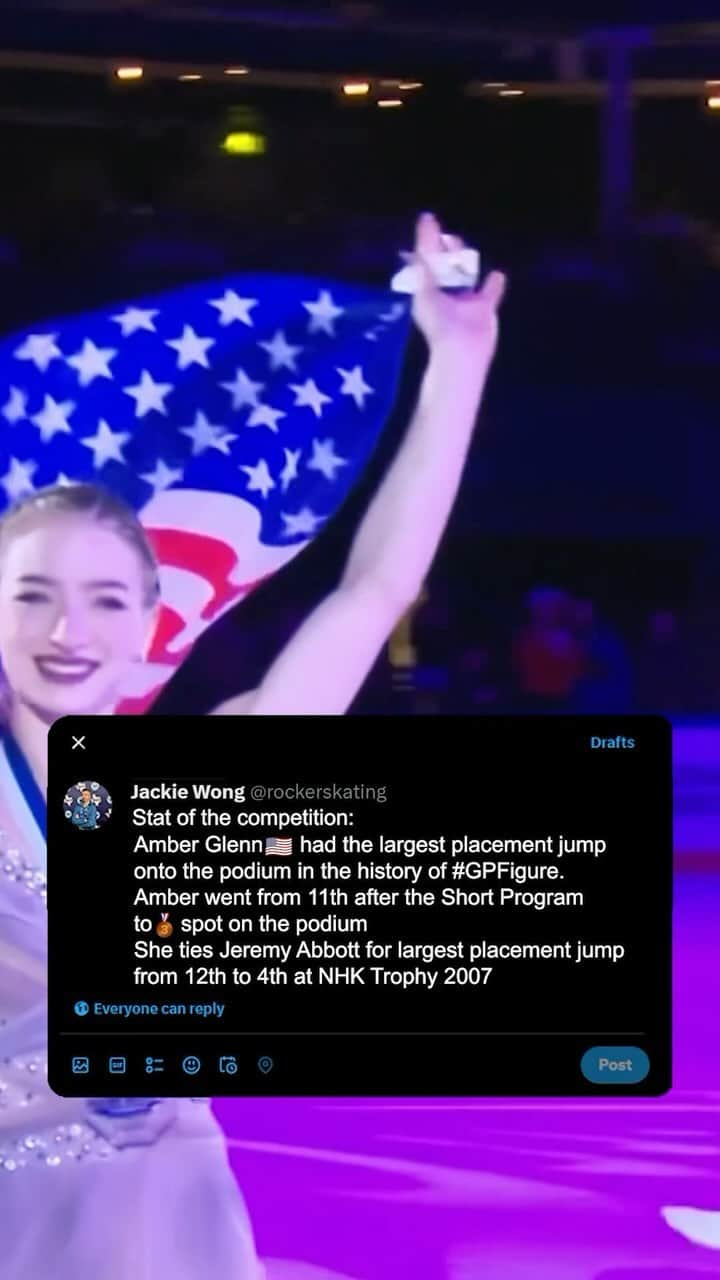 アンバー・グレンのインスタグラム：「Did you catch the Stat of competition at #GPFigure Espoo?! 👀⛸   Amber Glenn 🇺🇸 showed the biggest placement jump onto the podium in the history of #GPFigure 🚀   👉 She went from 11th after the Short Program to 🥉 spot on the podium!  👉 She ties Jeremy Abbott for the largest ever placement jump from 12th to 4th at NHK Trophy 2007! 🔥  This is what redemption looks like! 🤩   #FigureSkating」