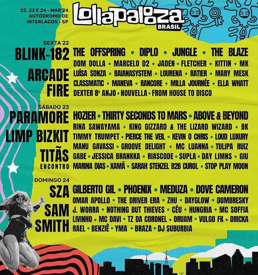 Hugo Glossのインスタグラム：「E temos o line-up por dia do #LollapaloozaBrasil2024! 🎸🎶 O festival será aberto na sexta-feira, 22 de março, por nomes como Blink 182, Arcade Fire, The Offspring, Diplo, Jungle e The Blaze. No sábado (23), é a vez de Paramore, Titãs, Limp Bizkit, Hozier, 30 Seconds To Mars e Above & Beyond. Já o último dia, 24 de março, fica com SZA, Sam Smith, Gilberto Gil, Phoenix, Meduza e Dove Cameron! Gostaram? (📸: @LollapaloozaBr)」
