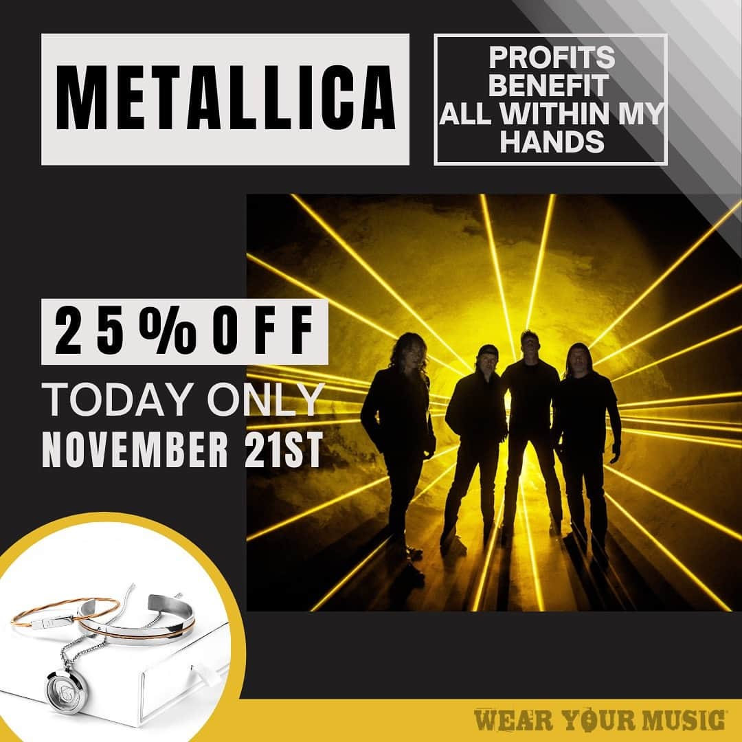 メタリカのインスタグラム：「FLASH SALE: Today only! Our friends at @wearyourmusic are helping you save 25% on all guitar string memorabilia made from strings played and donated by us! Profits benefit our @allwithinmyhandsfoundation. Shop the #metallica #wearyourmusic collection exclusively at the #linkinbio.」