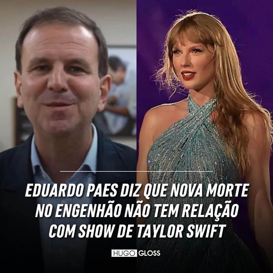 Hugo Glossのインスタグラム：「Nesta terça-feira (21), Eduardo Paes negou que um terceiro fã de Taylor Swift tenha morrido durante a passagem da cantora pelo Rio de Janeiro. Através das redes sociais, o prefeito da cidade desmentiu a reportagem do #FalaBrasil, da Record, e apontou que o falecimento não teria relação com o show. O Corpo de Bombeiros e a Secretaria Municipal de Saúde também detalharam o que houve com o jovem de 23 anos.   ➡️ Leia e assista, clicando no link da bio ou no destaque "News".  (📸: Getty; Reprodução/Instagram)」