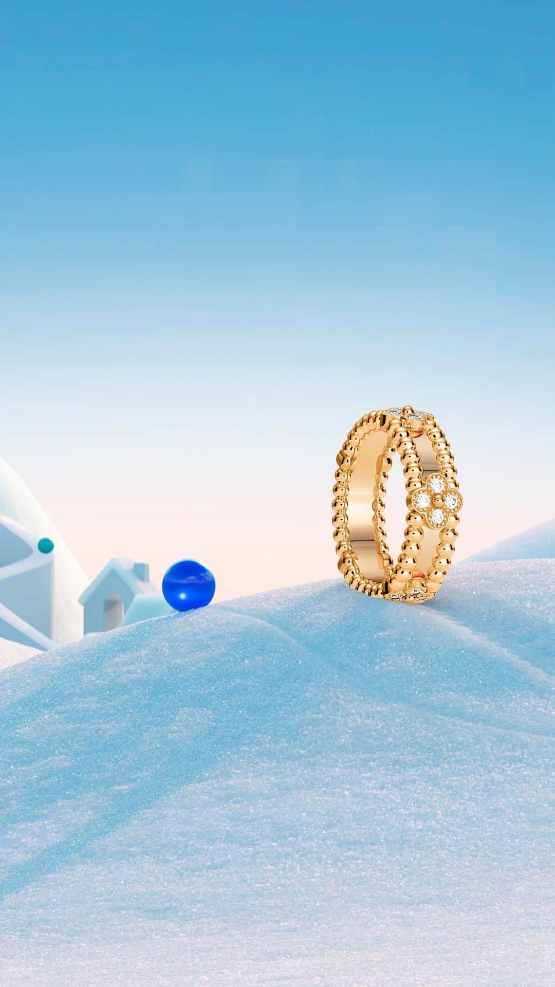 ヴァンクリーフ&アーペルのインスタグラム：「Amidst a snowy village, the journey of the Perlée collection begins. Keep an eye on these creations as they roll down the snow, like a shimmering cascade of golden beads.   Visual artist: @arthurhoffner   #VCAPerlee #DiamondBreeze #VanCleefArpels」